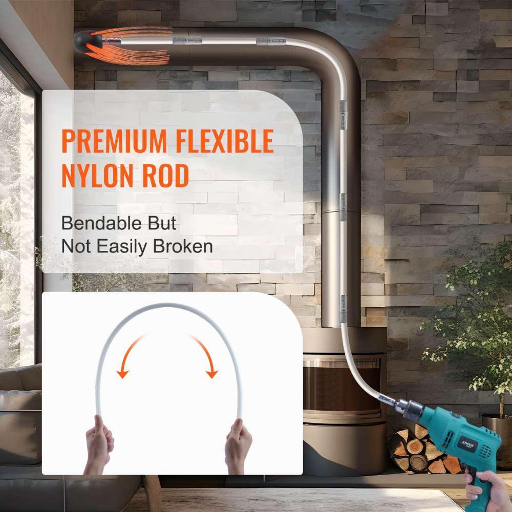 VEVOR 23 Feet Chimney Sweep Kit, w/ 7 Reinforced Nylon Flexible Rods, Ergonomic Chimney Cleaning Brush, 360-Degree Brush Chimney Cleaner, Rich Accessories for Fireplace Flue Home Use Fits most Pipes 