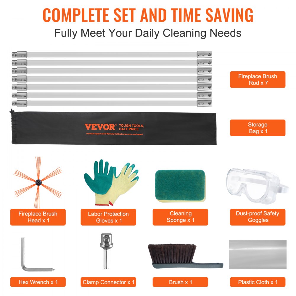 VEVOR 23 Feet Chimney Sweep Kit, w/ 7 Reinforced Nylon Flexible Rods, Ergonomic Chimney Cleaning Brush, 360-Degree Brush Chimney Cleaner, Rich Accessories for Fireplace Flue Home Use Fits most Pipes 