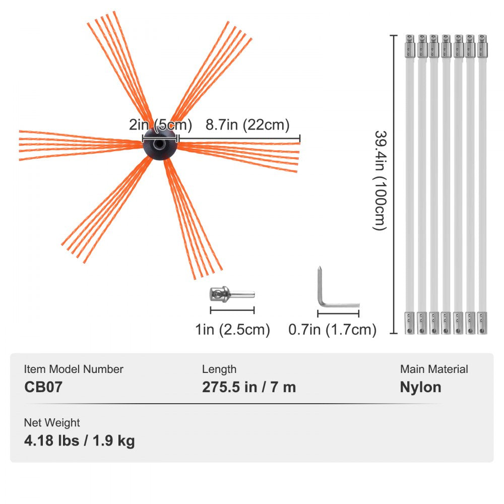 VEVOR 23 Feet Chimney Sweep Kit, w/ 7 Reinforced Nylon Flexible Rods, Ergonomic Chimney Cleaning Brush, 360-Degree Brush Chimney Cleaner, Rich Accessories for Fireplace Flue Home Use Fits most Pipes 