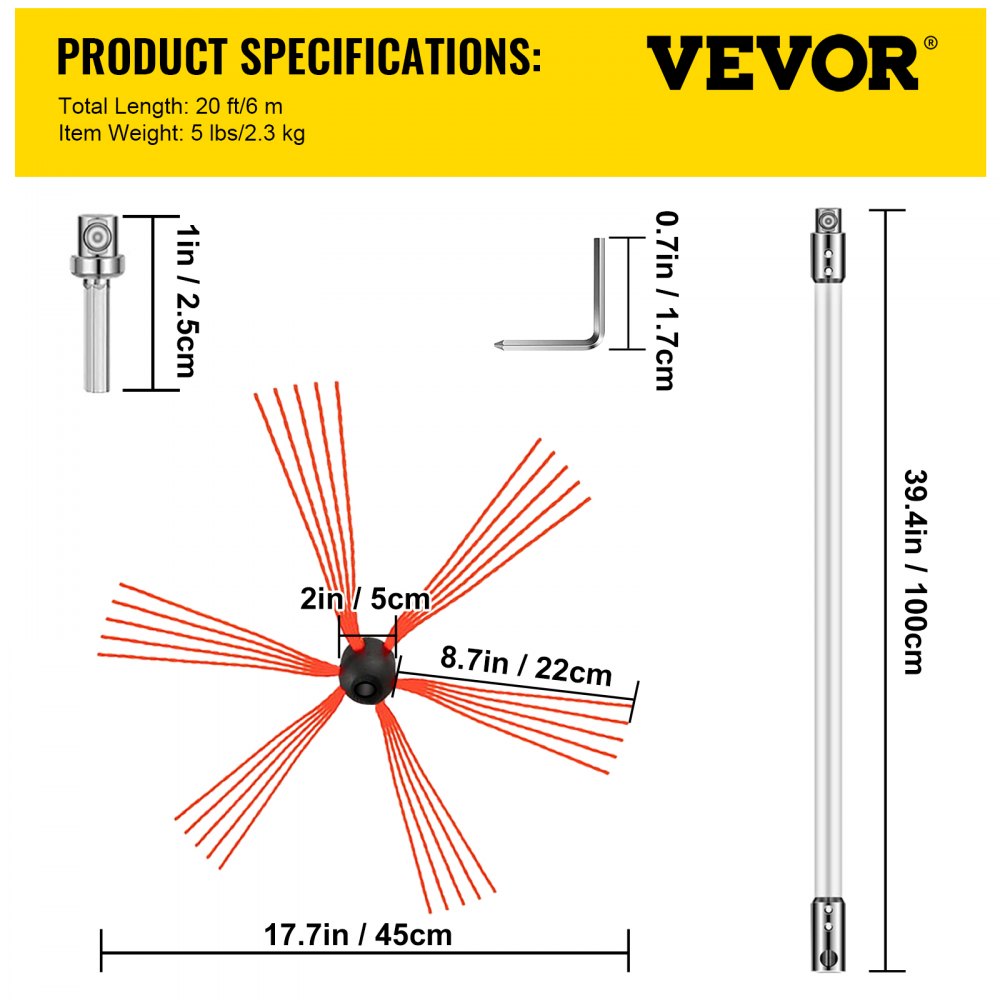 VEVOR Chimney Sweep Kit 20FT Chimney Cleaning Kit Nylon Sooteater Chimney Cleaning Kit Flexible Brush Head Chimney Sweeping Kit Easy Connecting Chimney Brush With 6 White Rods 