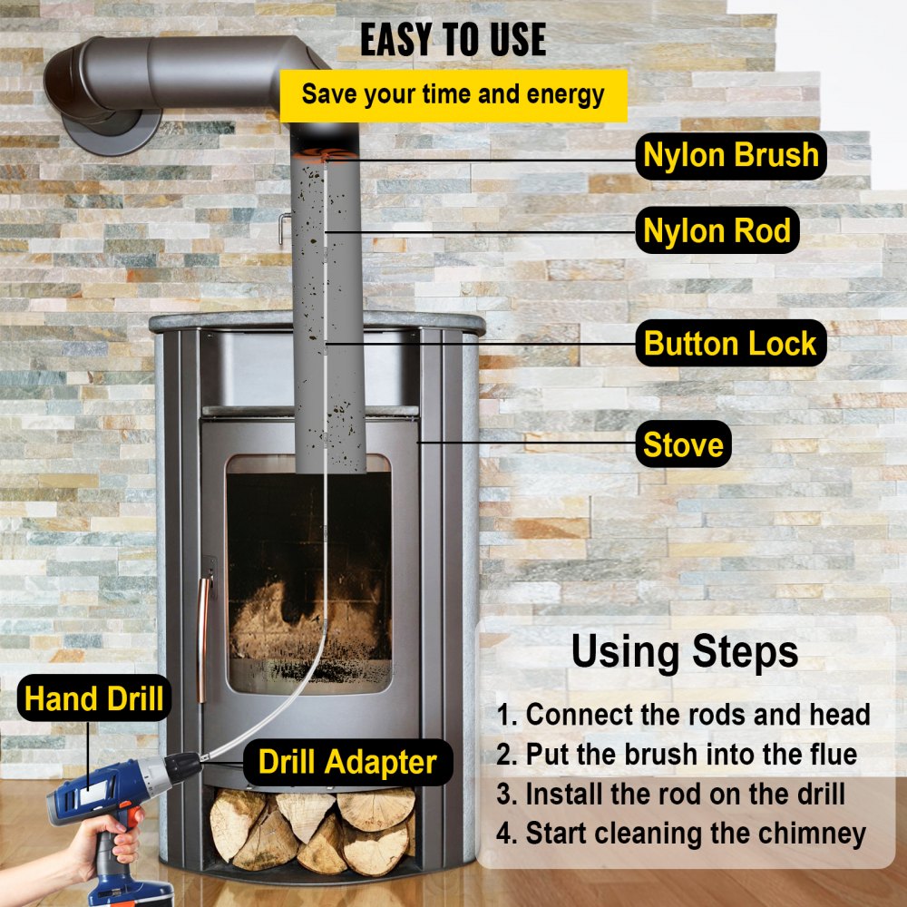 29.5FT Chimney Cleaner Sweep Kit Cleaning System Rotary Brush Rod Fireplace 9m 