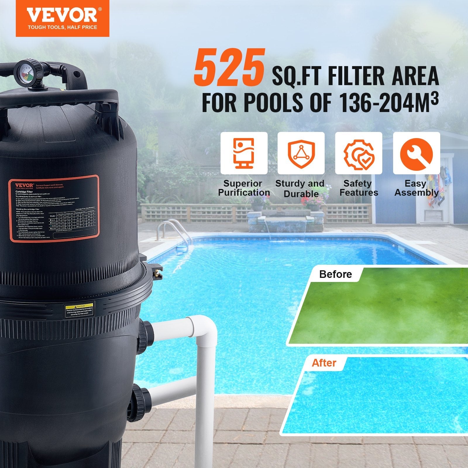 VEVOR Pool Cartridge Filter In/Above Ground Swimming Pool Filtration 525Sq.Ft 