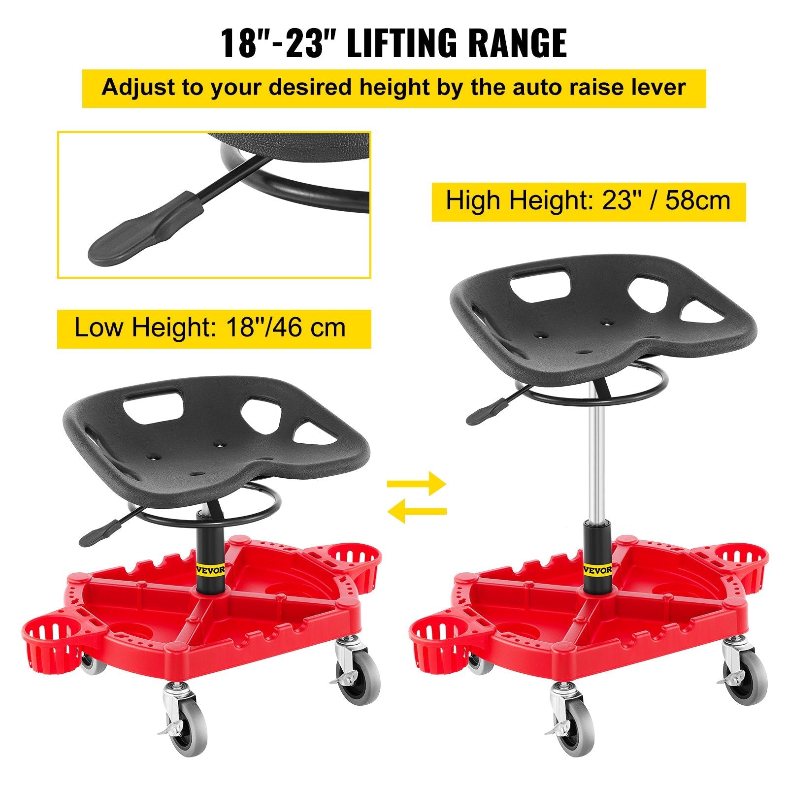 VEVOR Rolling Garage Stool, 300LBS Capacity, Adjustable Height from 18 in to 23 in, 360-degree Swivel Wheels (4"), Large Tool Tray with Two Bottle Holder, for Workshop, Auto Repair Shop, Red 