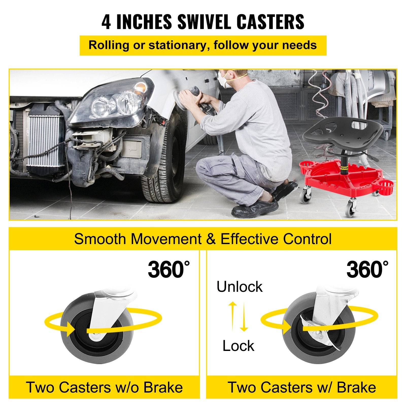 VEVOR Rolling Garage Stool, 300LBS Capacity, Adjustable Height from 18 in to 23 in, 360-degree Swivel Wheels (4"), Large Tool Tray with Two Bottle Holder, for Workshop, Auto Repair Shop, Red 