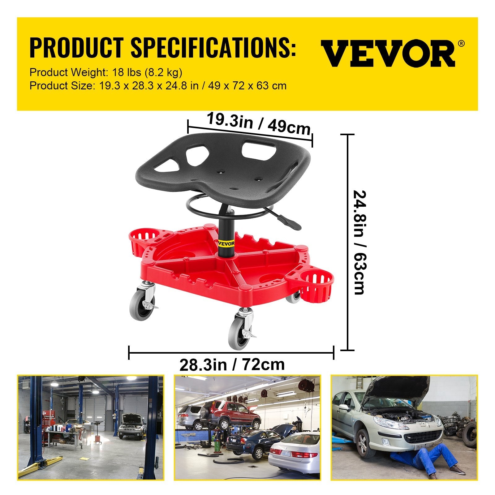 VEVOR Rolling Garage Stool, 300LBS Capacity, Adjustable Height from 18 in to 23 in, 360-degree Swivel Wheels (4"), Large Tool Tray with Two Bottle Holder, for Workshop, Auto Repair Shop, Red 