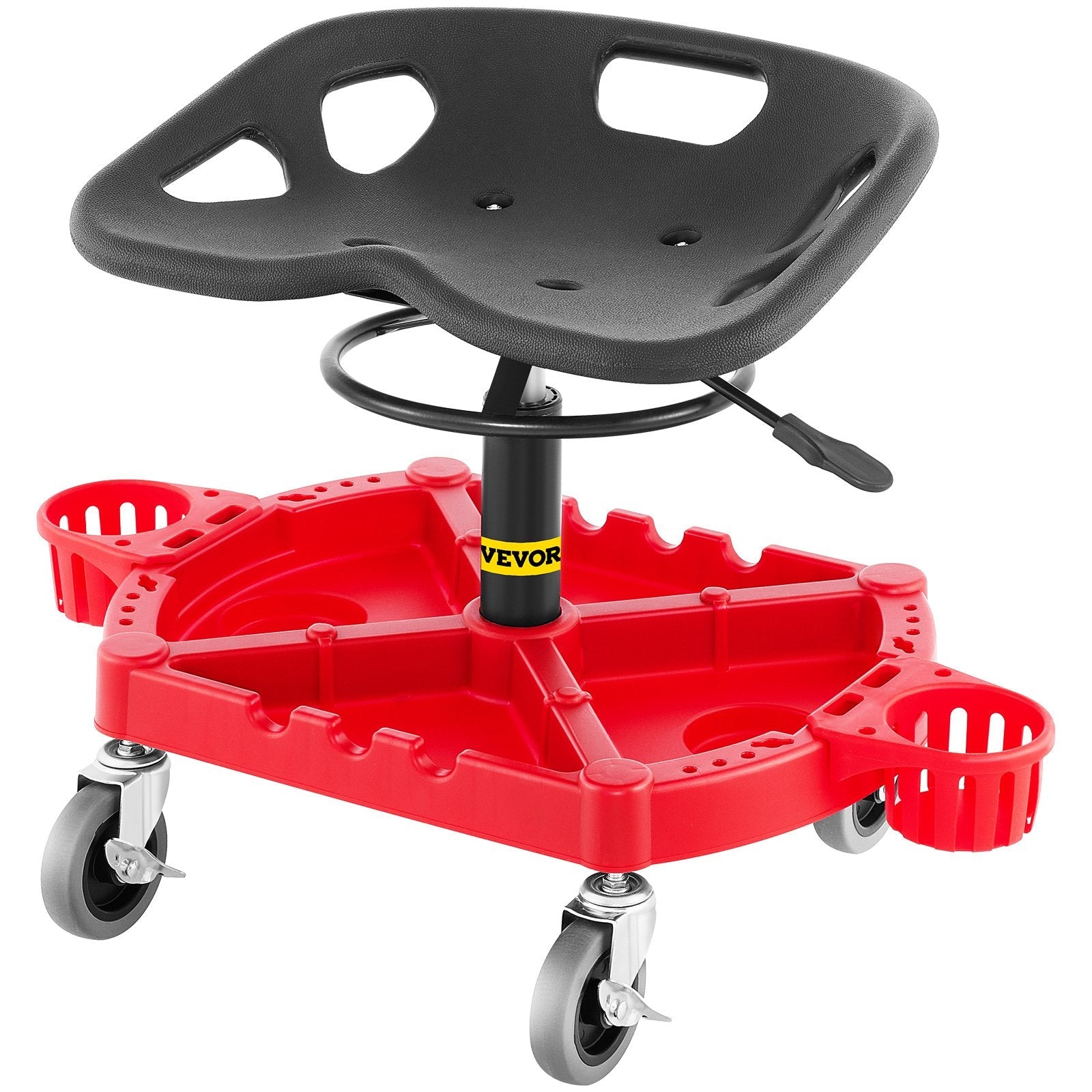 VEVOR Rolling Garage Stool, 300LBS Capacity, Adjustable Height from 18 in to 23 in, 360-degree Swivel Wheels (4"), Large Tool Tray with Two Bottle Holder, for Workshop, Auto Repair Shop, Red 