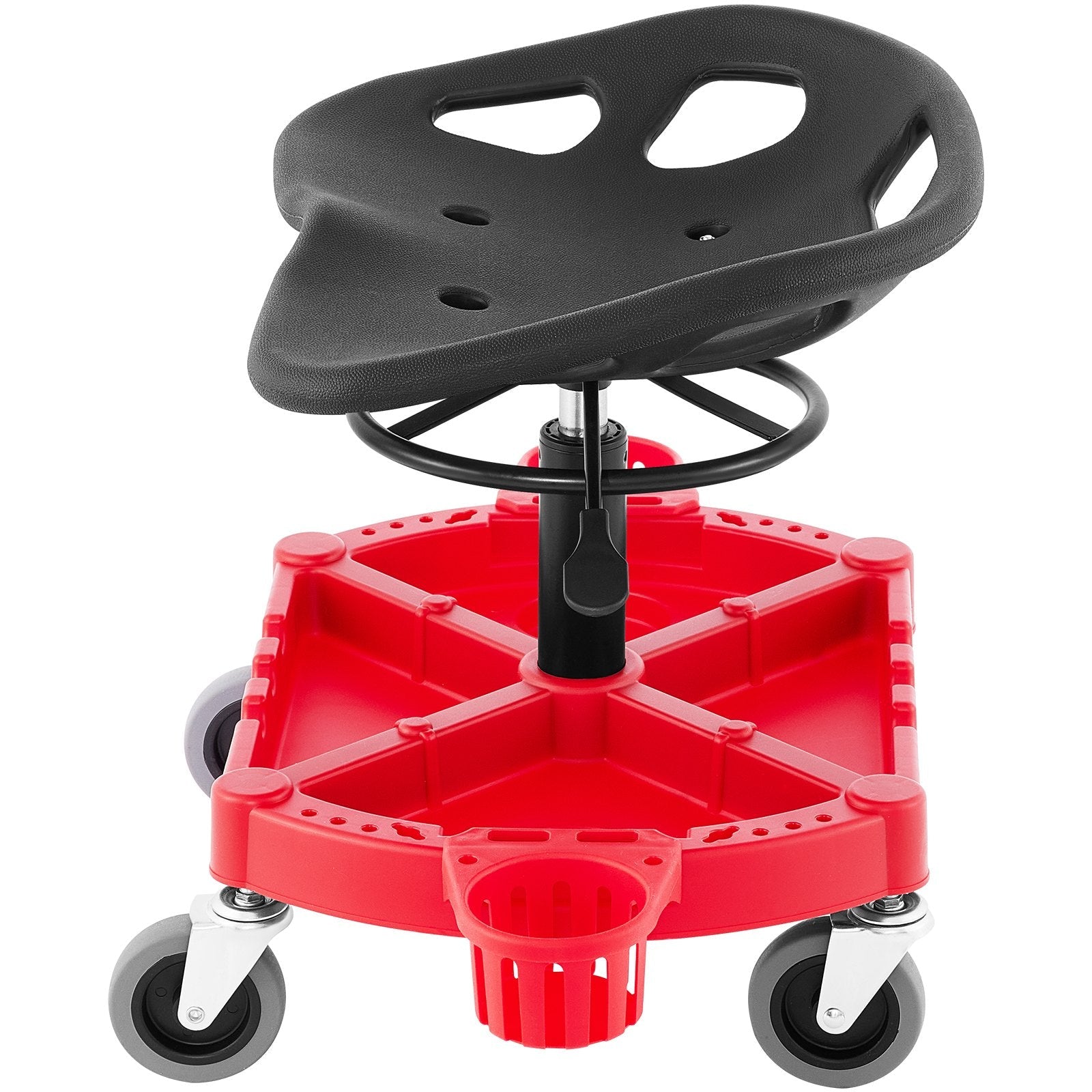 VEVOR Rolling Garage Stool, 300LBS Capacity, Adjustable Height from 18 in to 23 in, 360-degree Swivel Wheels (4"), Large Tool Tray with Two Bottle Holder, for Workshop, Auto Repair Shop, Red 