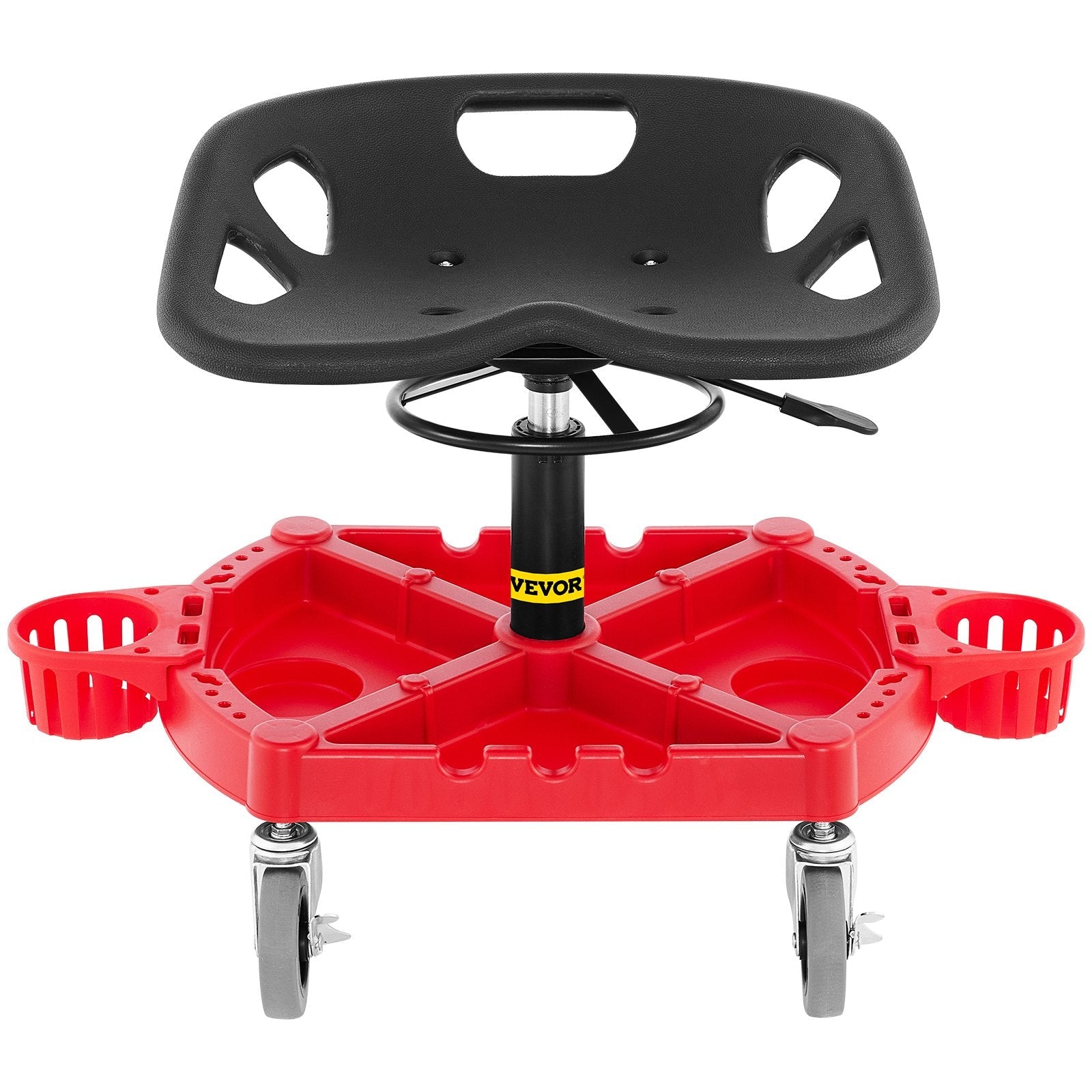 VEVOR Rolling Garage Stool, 300LBS Capacity, Adjustable Height from 18 in to 23 in, 360-degree Swivel Wheels (4"), Large Tool Tray with Two Bottle Holder, for Workshop, Auto Repair Shop, Red 