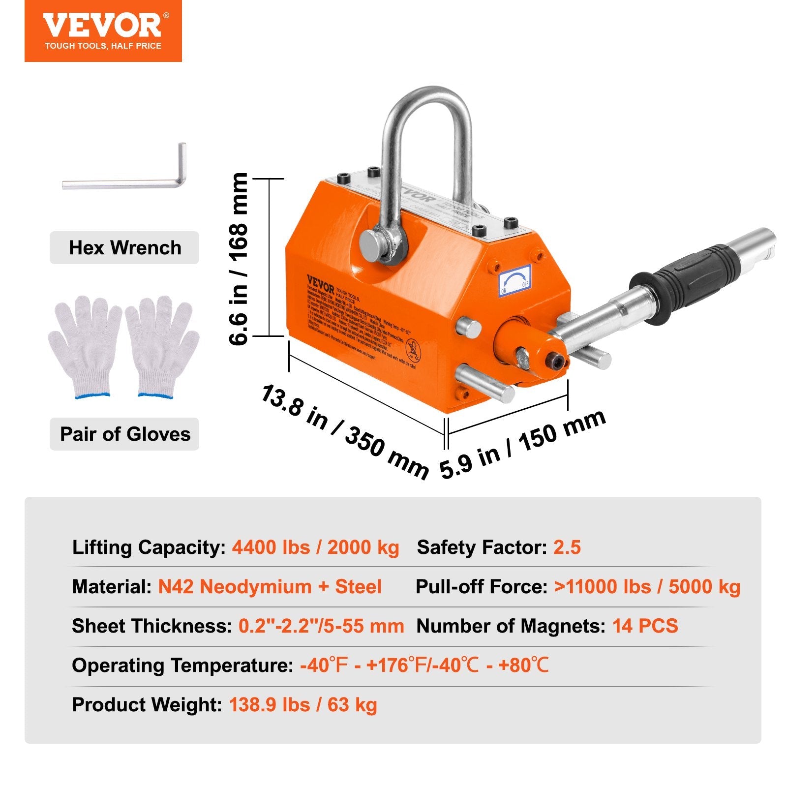 VEVOR Magnetic Lifter, 4400lbs/2000kg Pulling Capacity, 2.5 Safety Factor, Neodymium & Steel, Lifting Magnet with Release, Permanent Lift Magnets, Heavy Duty Magnet for Hoist, Shop Crane, Block, Board 