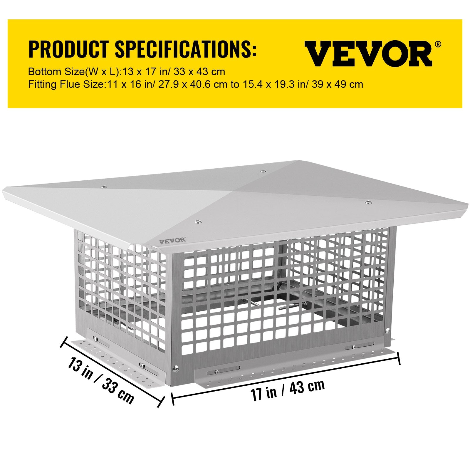 Vevor Chimney Cap Flue Caps 13"x17"fireplace Chimney Cover 304 Stainless Steel 