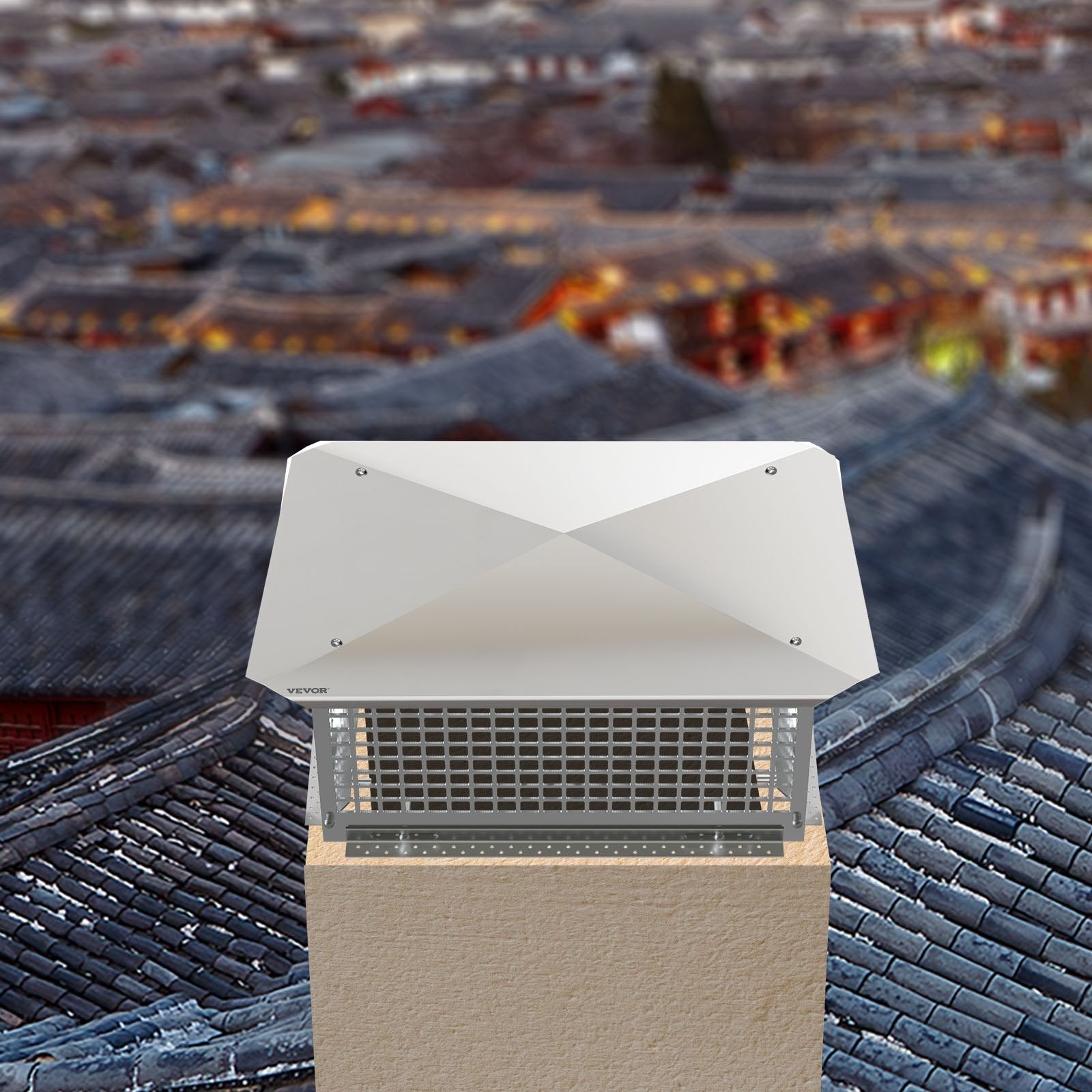 VEVOR Chimney Cap, 13" x 21" Flue Caps, 304 Stainless Steel Fireplace Chimney Cover, Adjustable Metal Spark Arrestor With Bolts Screws, Mesh Chimney Flue Cover for Outside Existing Clay Flue Tile 