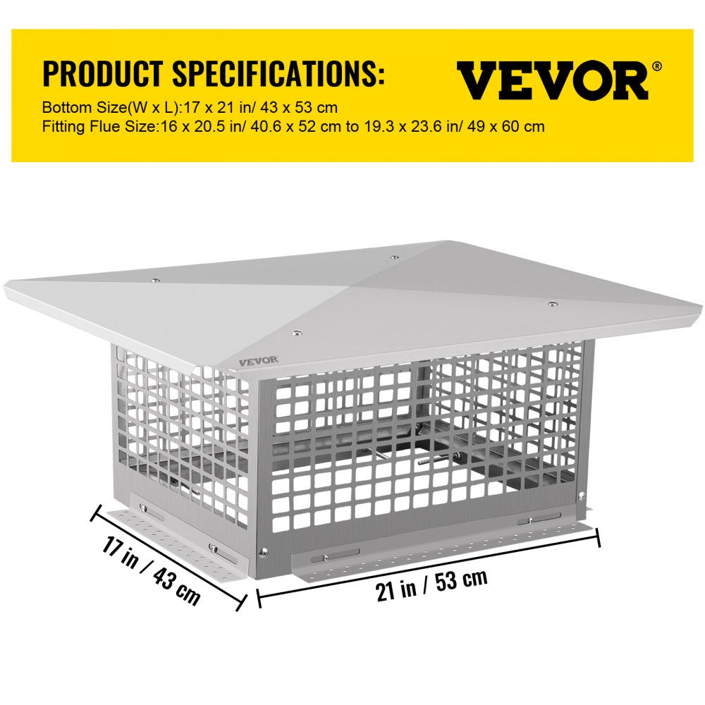 VEVOR Chimney Cap, 17" x 21" Flue Caps, 304 Stainless Steel Fireplace Chimney Cover, Adjustable Metal Spark Arrestor with Bolts Screws, Mesh Chimney Flue Cover for Outside Existing Clay Flue Tile 