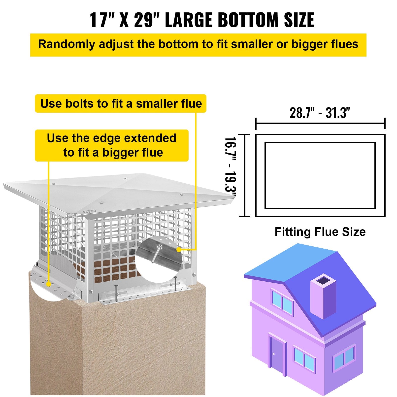 VEVOR Chimney Cap, 17" x 29" Flue Caps, 304 Stainless Steel Fireplace Chimney Cover, Adjustable Metal Spark Arrestor with Bolts Screws, Mesh Chimney Flue Cover for Outside Existing Clay Flue Tile 