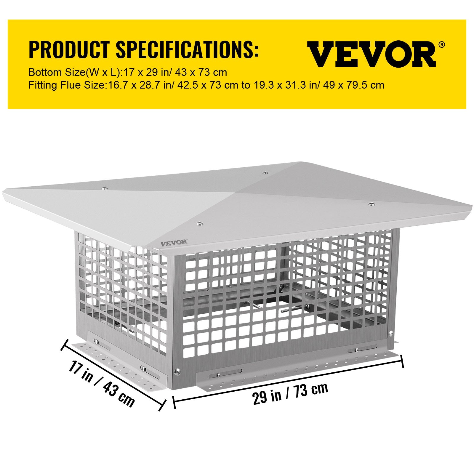 VEVOR Chimney Cap, 17" x 29" Flue Caps, 304 Stainless Steel Fireplace Chimney Cover, Adjustable Metal Spark Arrestor with Bolts Screws, Mesh Chimney Flue Cover for Outside Existing Clay Flue Tile 