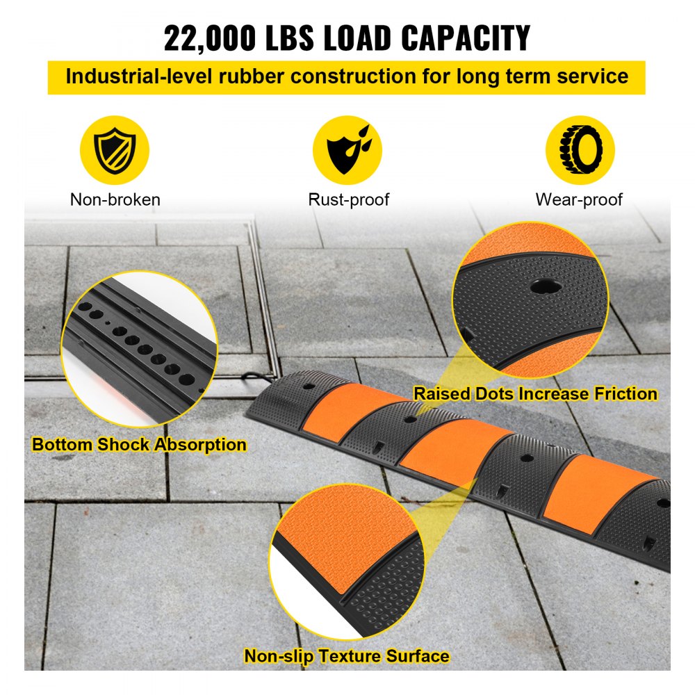 VEVOR Rubber Speed Bump, 1 Pack 2 Channel Speed Bump Hump, 72" Long Modular Speed Bump Rated 22000 LBS Loading, 72.8 x 12.2 x 2.2" Garage Speed Bump for Asphalt Concrete Gravel Driveway with 2 End Cap 