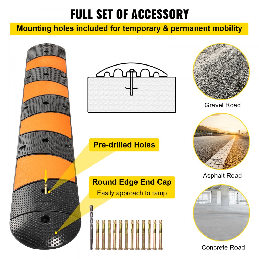 VEVOR Rubber Speed Bump, 1 Pack 2 Channel Speed Bump Hump, 72" Long Modular Speed Bump Rated 22000 LBS Loading, 72.8 x 12.2 x 2.2" Garage Speed Bump for Asphalt Concrete Gravel Driveway with 2 End Cap 