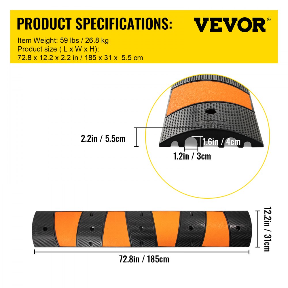 VEVOR Rubber Speed Bump, 1 Pack 2 Channel Speed Bump Hump, 72" Long Modular Speed Bump Rated 22000 LBS Loading, 72.8 x 12.2 x 2.2" Garage Speed Bump for Asphalt Concrete Gravel Driveway with 2 End Cap 