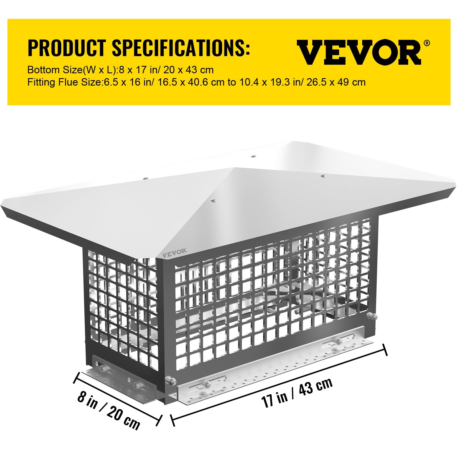 VEVOR Chimney Cap, 8" x 17" Flue Caps, 304 Stainless Steel Fireplace Chimney Cover, Adjustable Metal Spark Arrestor With Bolts Screws , Mesh Chimney Flue Cover for Outside Existing Clay Flue Tile 