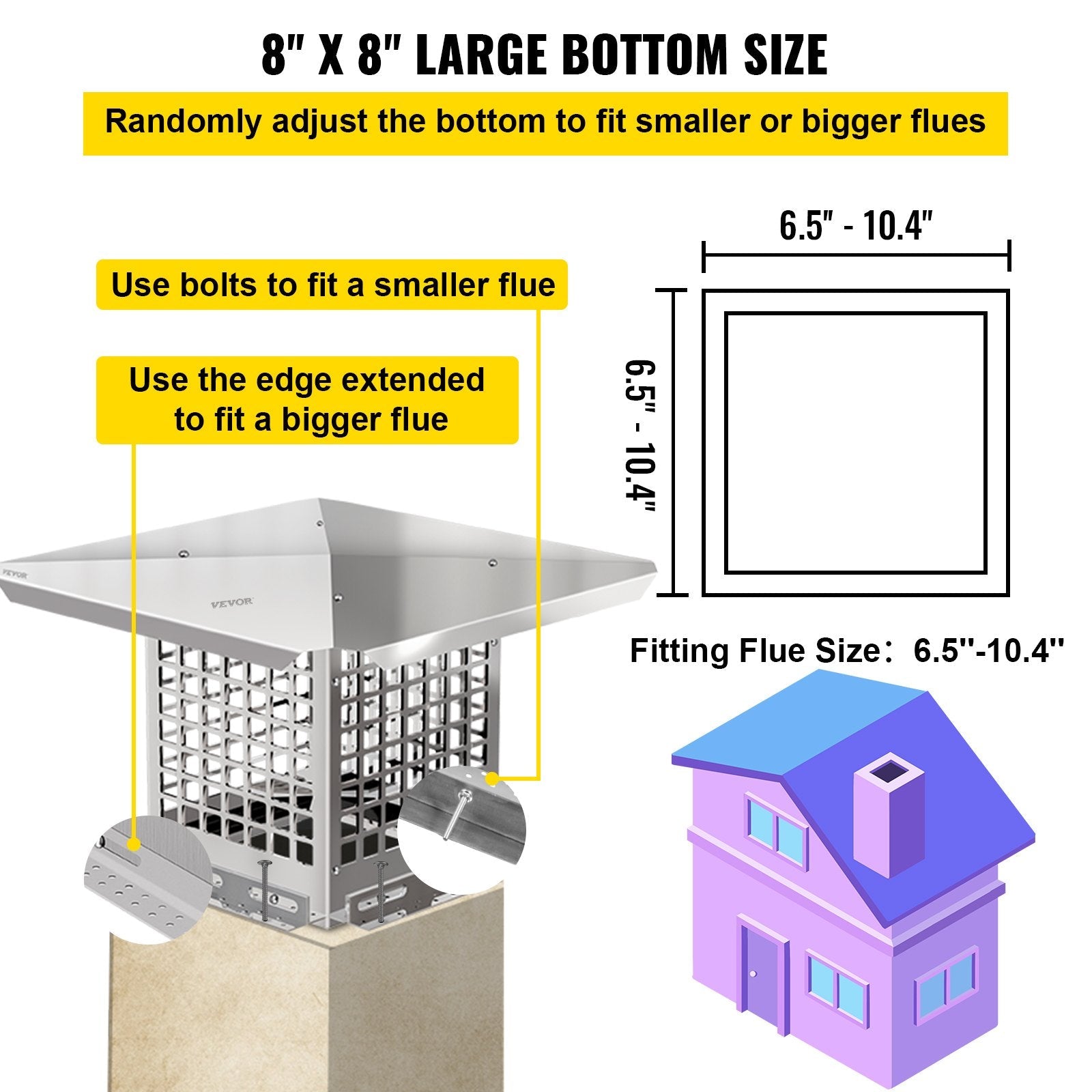 VEVOR Chimney Cap, 8" x 8" Flue Caps, 304 Stainless Steel Fireplace Chimney Cover, Adjustable Metal Spark Arrestor With Bolts Screws , Mesh Chimney Flue Cover for Outside Existing Clay Flue Tile 
