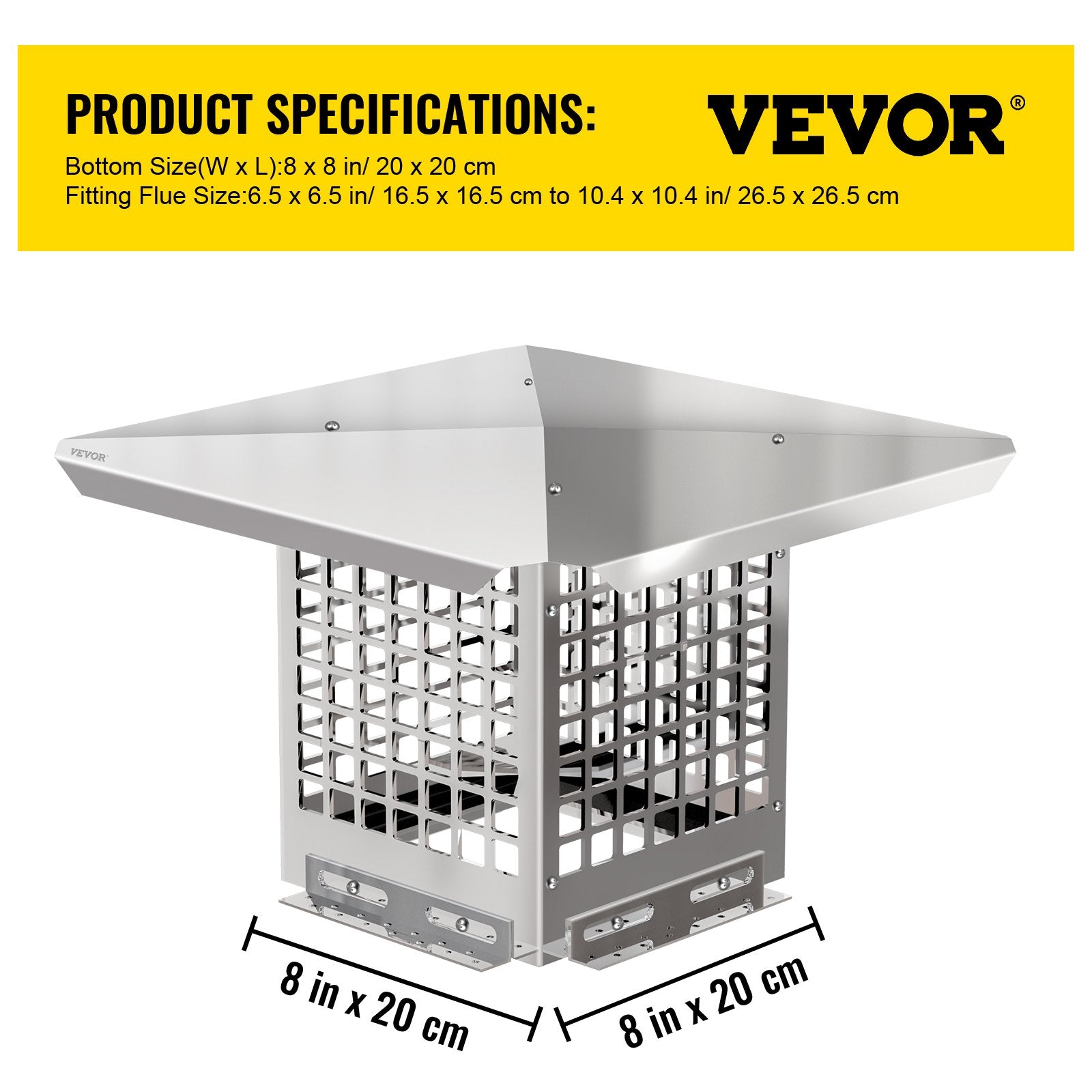 VEVOR Chimney Cap, 8" x 8" Flue Caps, 304 Stainless Steel Fireplace Chimney Cover, Adjustable Metal Spark Arrestor With Bolts Screws , Mesh Chimney Flue Cover for Outside Existing Clay Flue Tile 