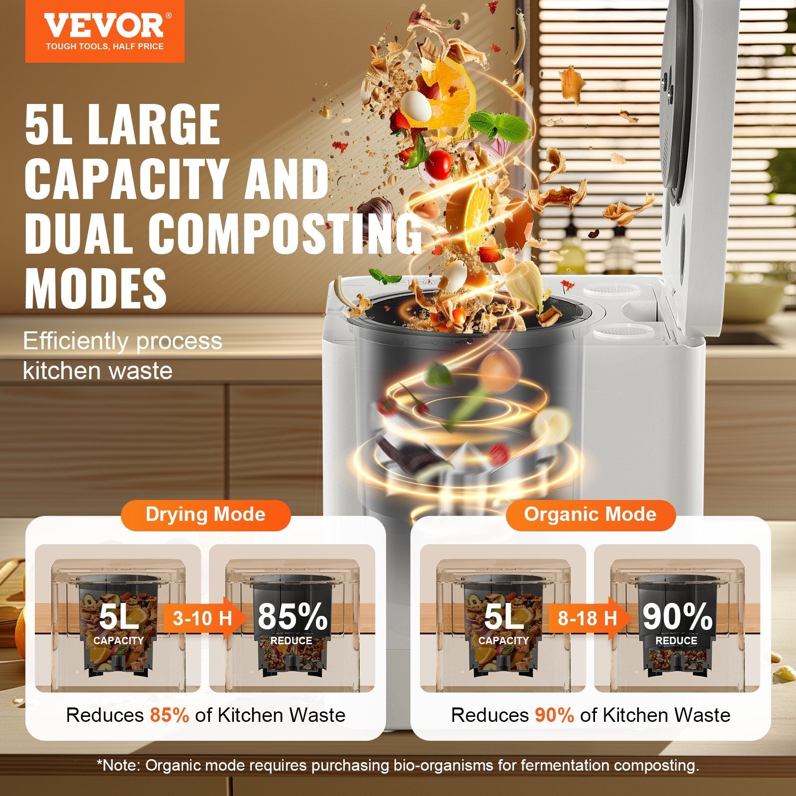 VEVOR Electric Kitchen Composter 5 L Smart Countertop Composter Food Recycler 