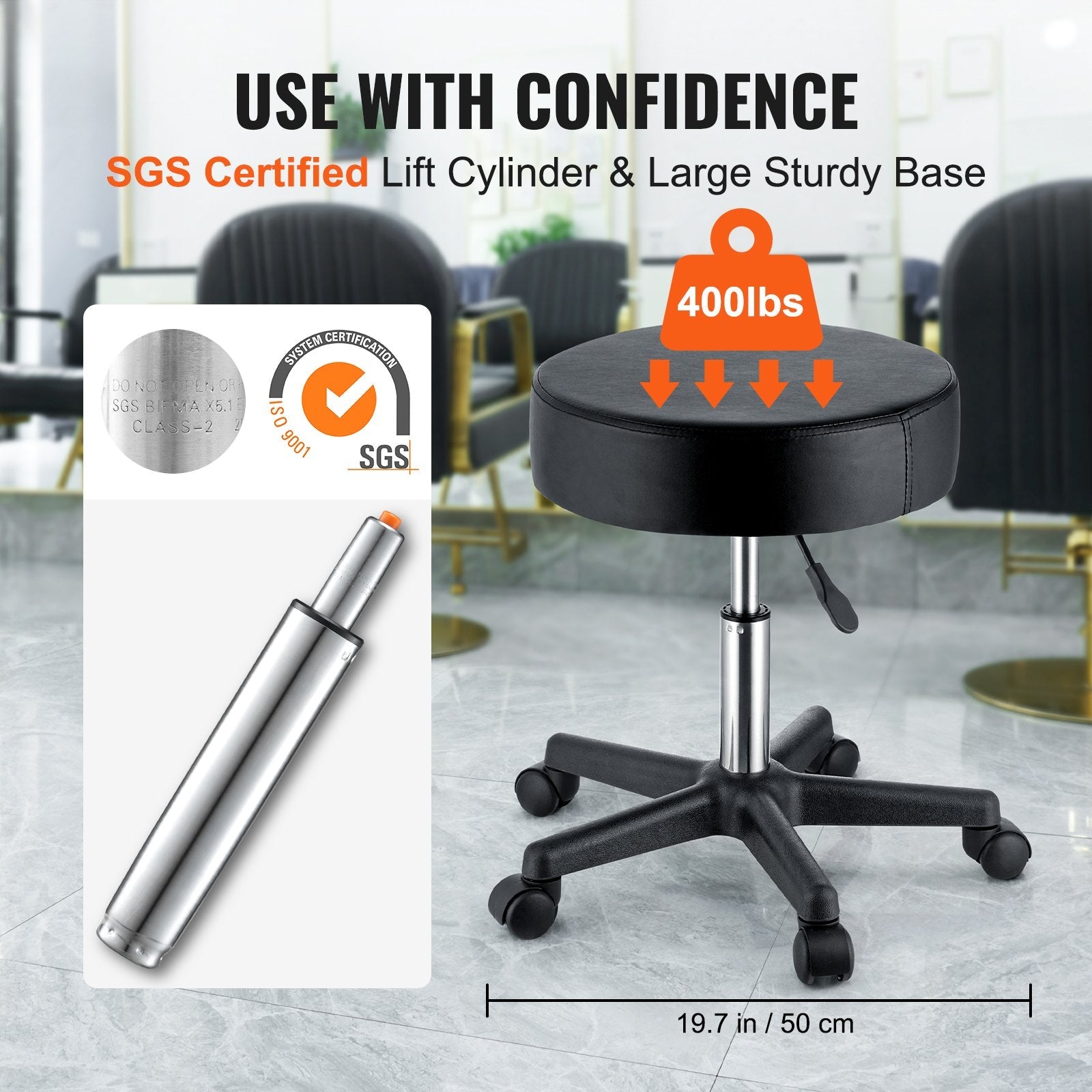 VEVOR Rolling Stools with Wheels, 400 LBS Weight Capacity Adjustable Height Stool with Ultra-Thick Seat Cushion, Swivel Stools Chair for Salon, Bar, Home, Office, Tatoo, Medical, Massage, Black 