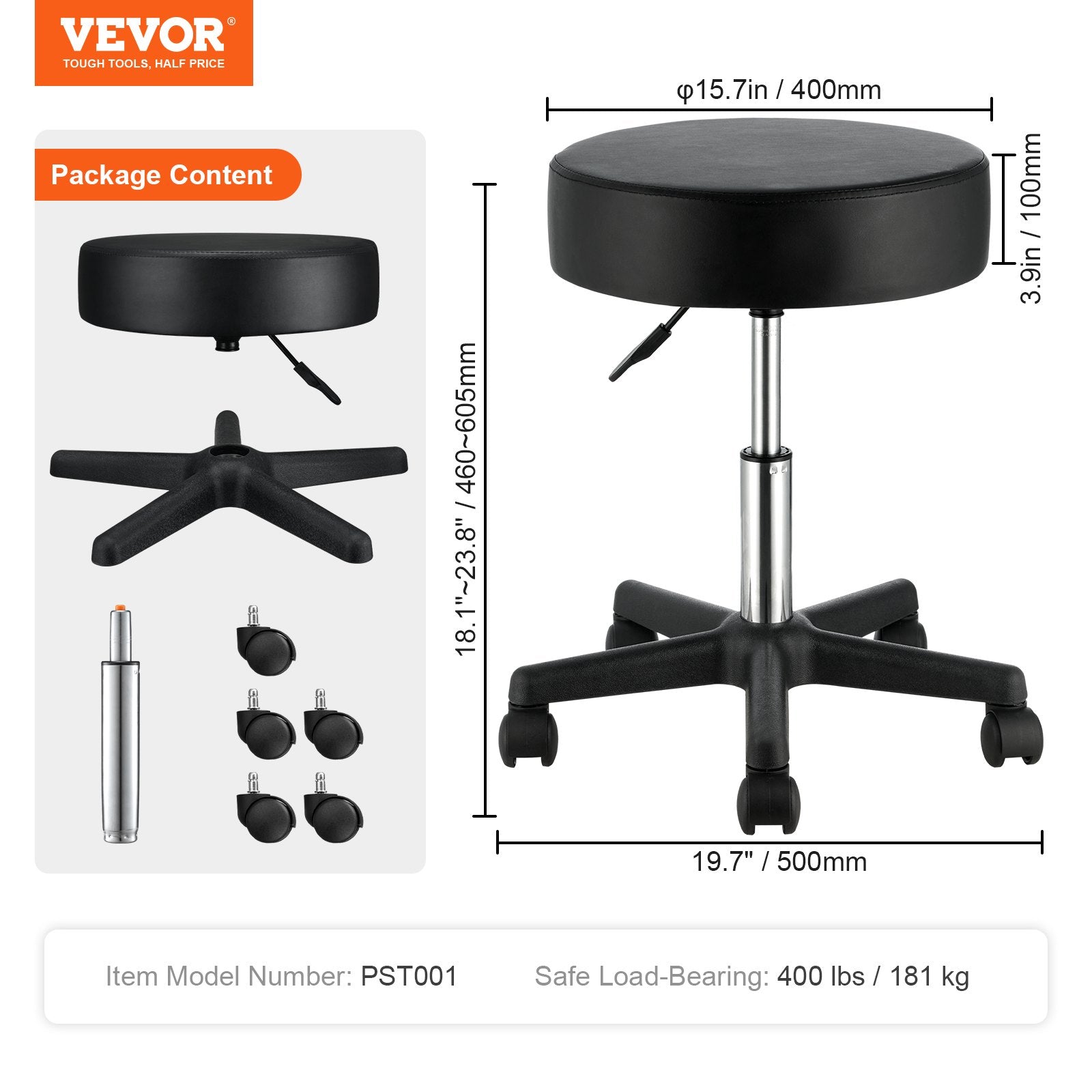 VEVOR Rolling Stools with Wheels, 400 LBS Weight Capacity Adjustable Height Stool with Ultra-Thick Seat Cushion, Swivel Stools Chair for Salon, Bar, Home, Office, Tatoo, Medical, Massage, Black 