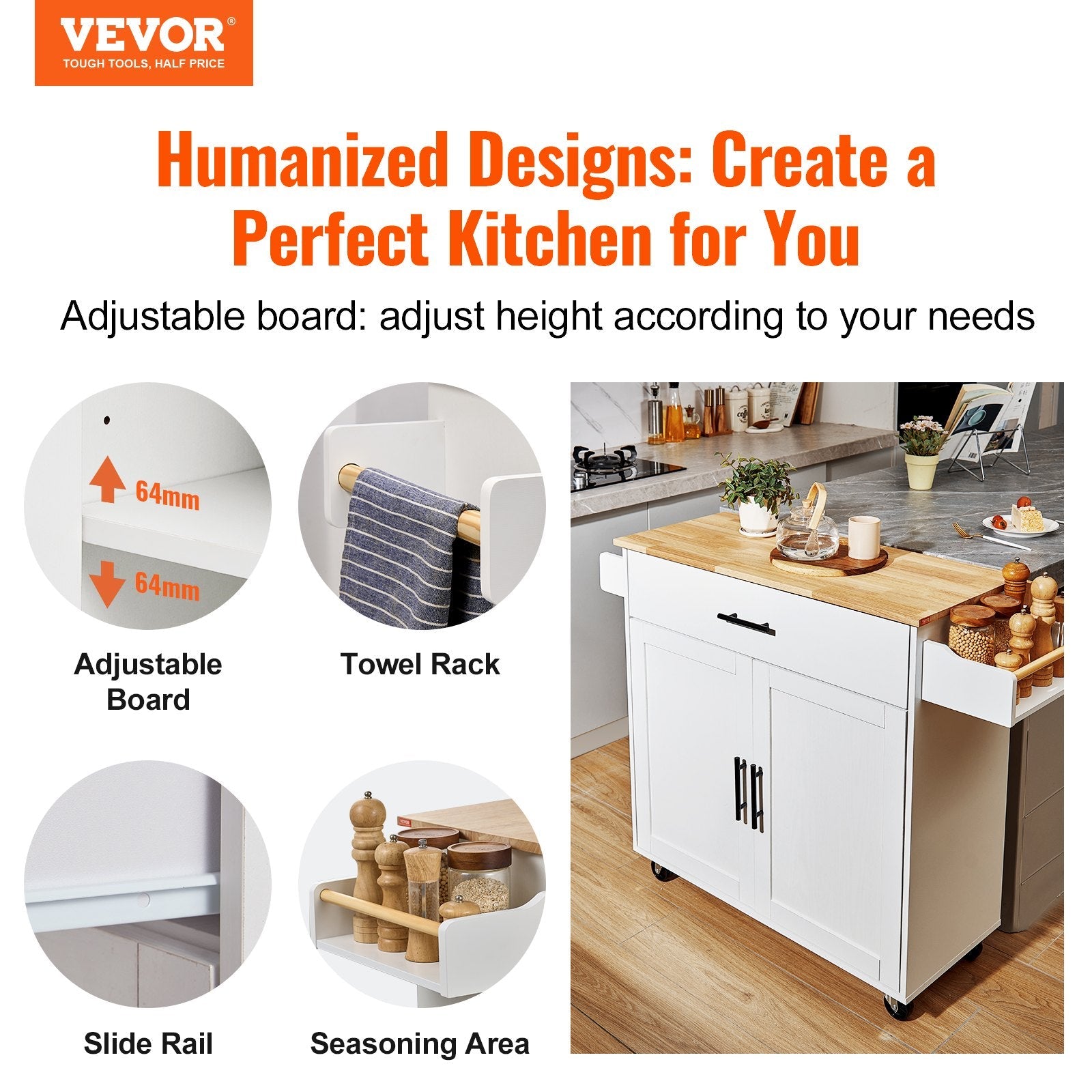 VEVOR Kitchen Island Cart with Solid Wood Top, 35.4" Width Mobile Carts with Storage Cabinet, Rolling Kitchen Table with Spice Rack, Towel Rack, Drop Leaf and Drawer, Portable Islands on Wheels, White 