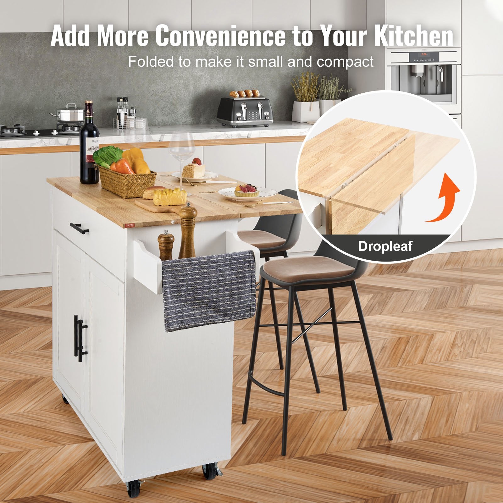VEVOR Kitchen Island Cart with Solid Wood Top, 35.4" Width Mobile Carts with Storage Cabinet, Rolling Kitchen Table with Spice Rack, Towel Rack, Drop Leaf and Drawer, Portable Islands on Wheels, White 