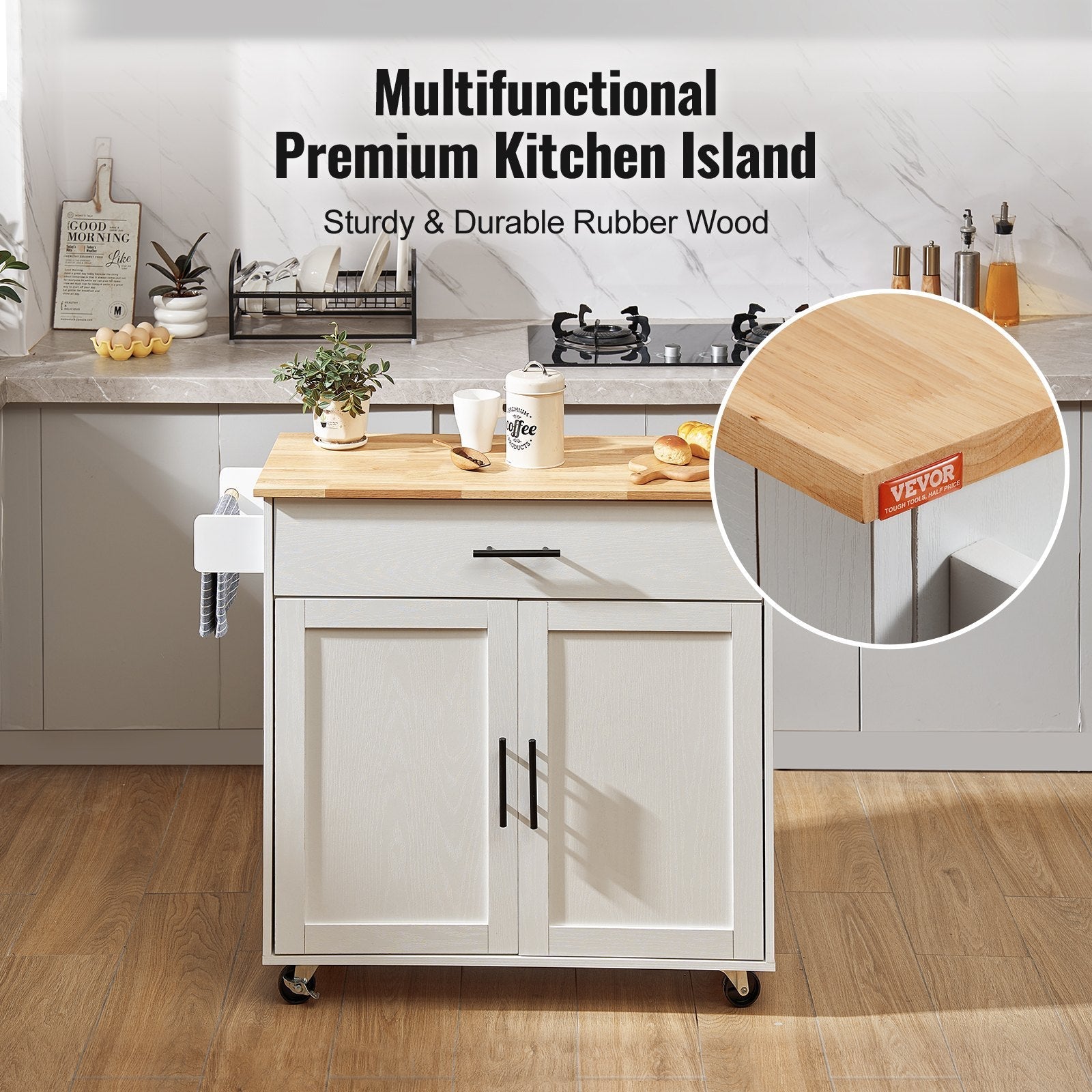 VEVOR Kitchen Island Cart with Solid Wood Top, 35.4" Width Mobile Carts with Storage Cabinet, Rolling Kitchen Table with Spice Rack, Towel Rack, Drop Leaf and Drawer, Portable Islands on Wheels, White 