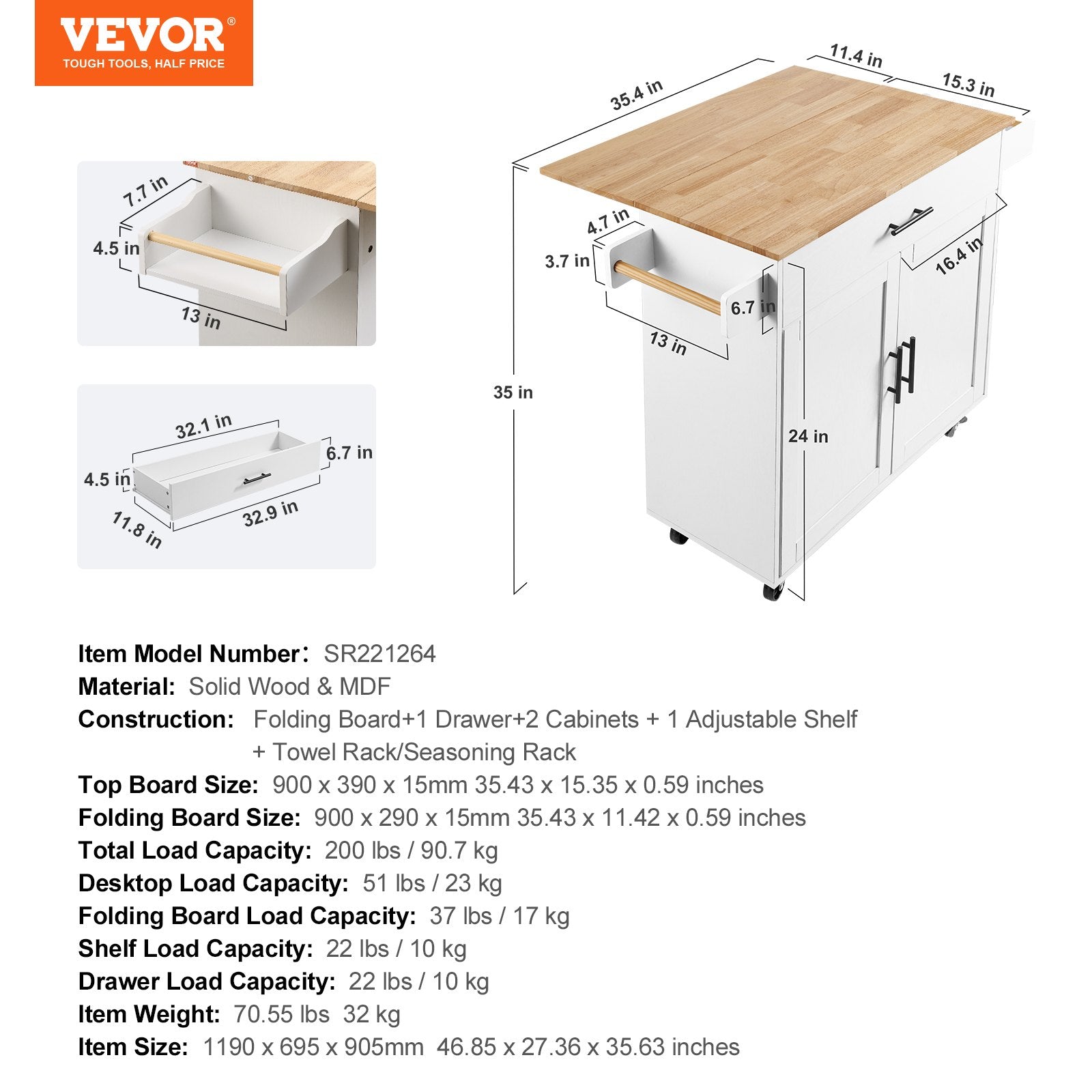 VEVOR Kitchen Island Cart with Solid Wood Top, 35.4" Width Mobile Carts with Storage Cabinet, Rolling Kitchen Table with Spice Rack, Towel Rack, Drop Leaf and Drawer, Portable Islands on Wheels, White 