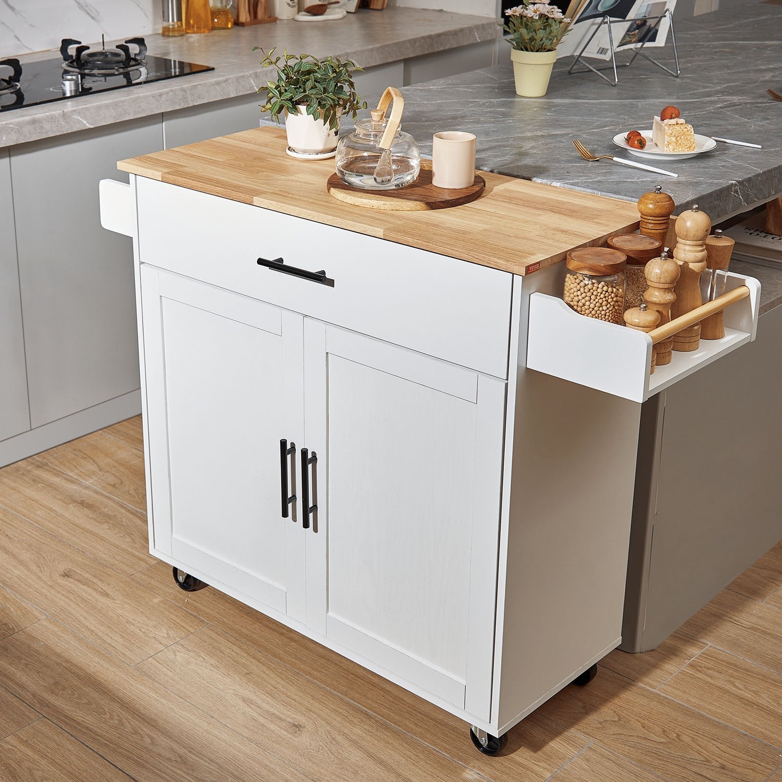 VEVOR Kitchen Island Cart with Solid Wood Top, 35.4" Width Mobile Carts with Storage Cabinet, Rolling Kitchen Table with Spice Rack, Towel Rack, Drop Leaf and Drawer, Portable Islands on Wheels, White 
