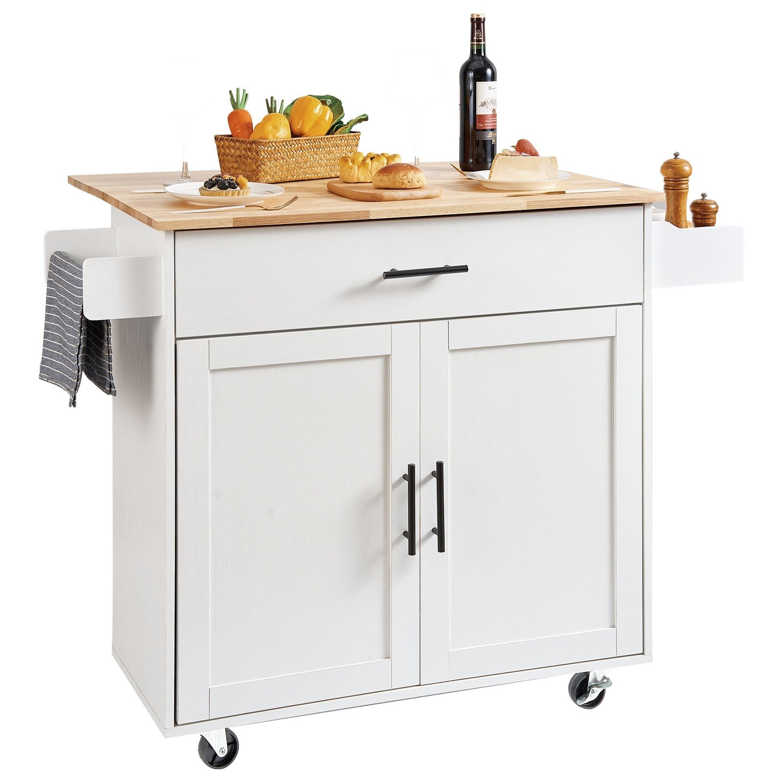 VEVOR Kitchen Island Cart with Solid Wood Top, 35.4" Width Mobile Carts with Storage Cabinet, Rolling Kitchen Table with Spice Rack, Towel Rack, Drop Leaf and Drawer, Portable Islands on Wheels, White 