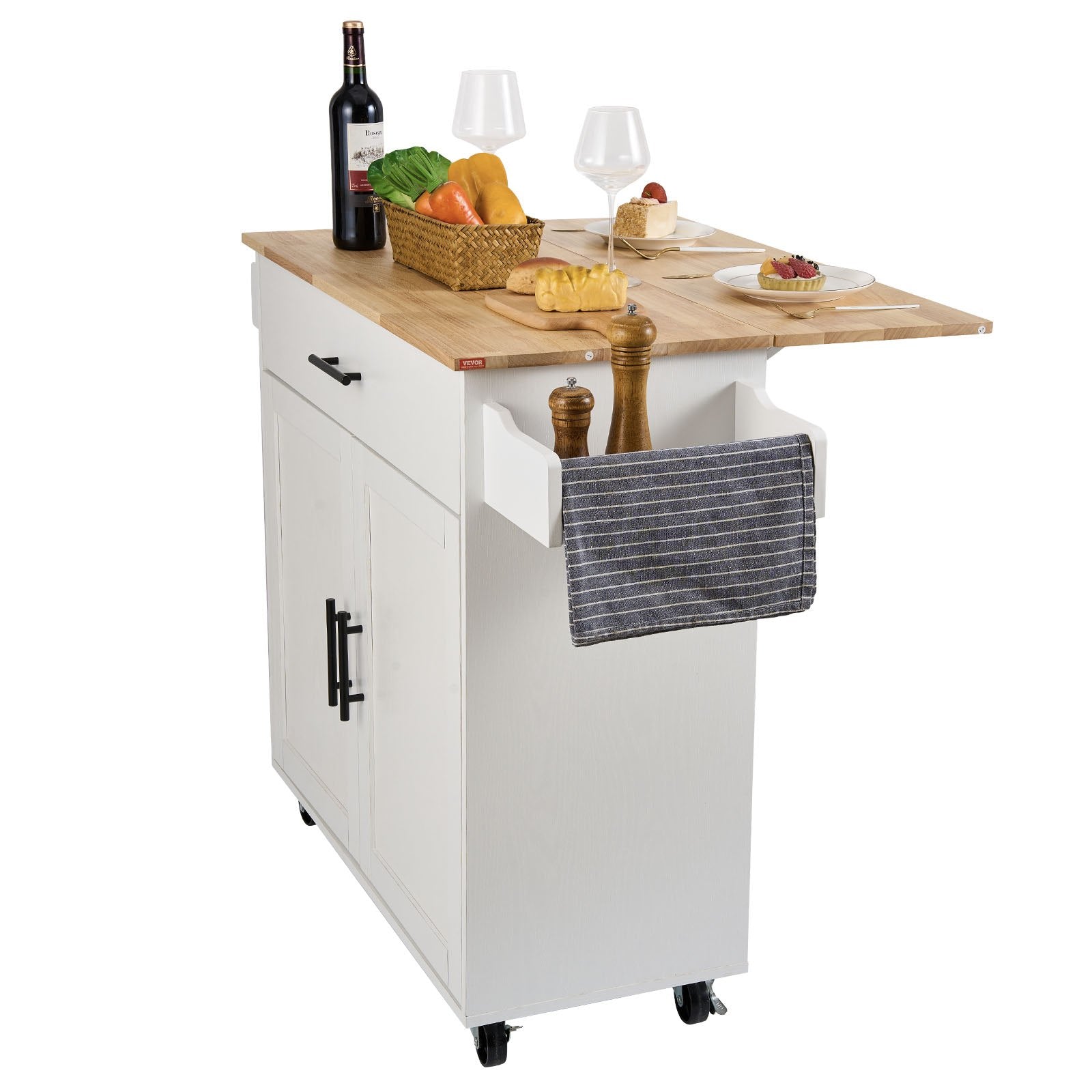 VEVOR Kitchen Island Cart with Solid Wood Top, 35.4" Width Mobile Carts with Storage Cabinet, Rolling Kitchen Table with Spice Rack, Towel Rack, Drop Leaf and Drawer, Portable Islands on Wheels, White 
