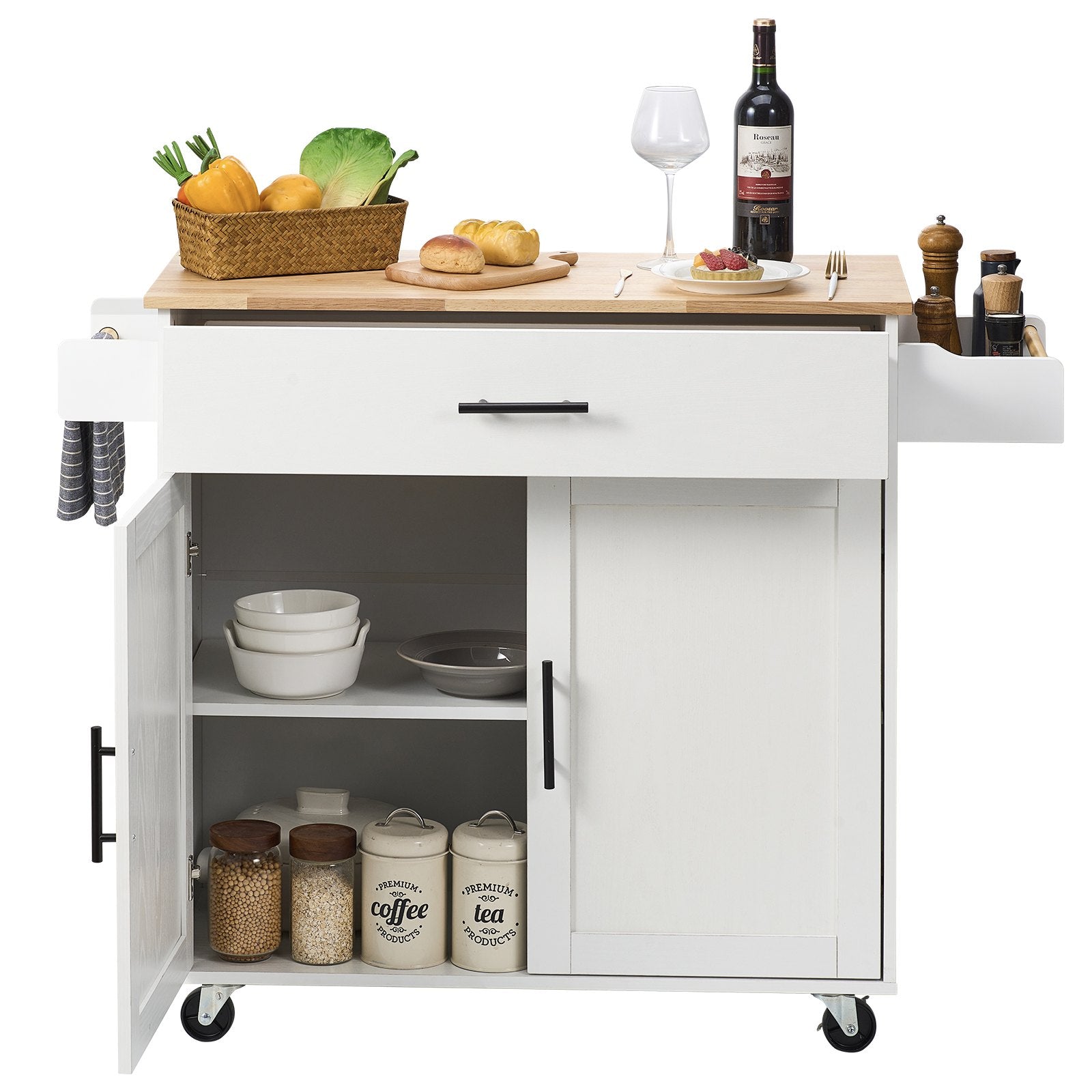 VEVOR Kitchen Island Cart with Solid Wood Top, 35.4" Width Mobile Carts with Storage Cabinet, Rolling Kitchen Table with Spice Rack, Towel Rack, Drop Leaf and Drawer, Portable Islands on Wheels, White 