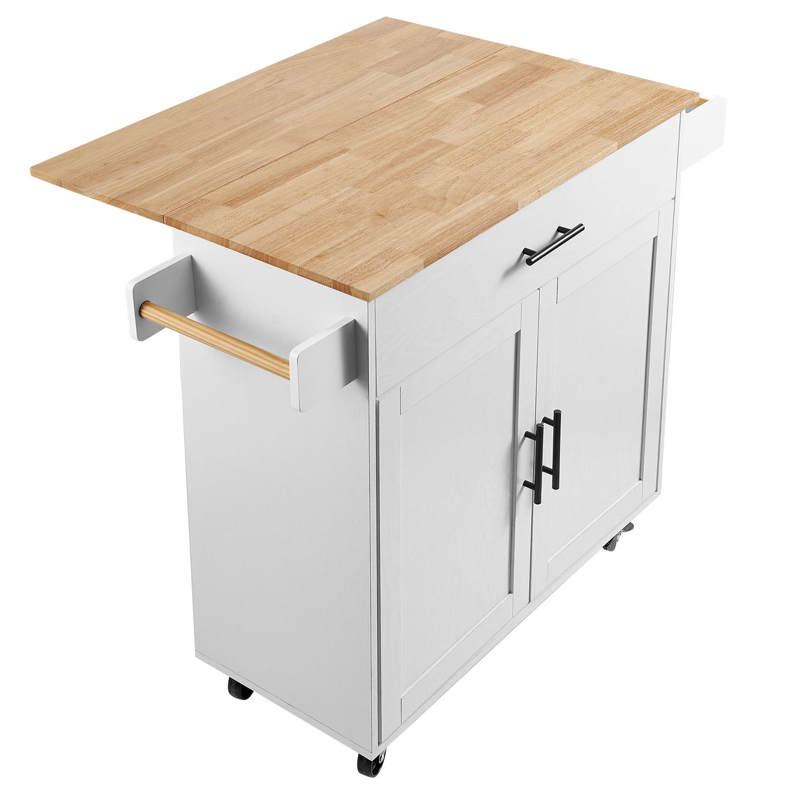 VEVOR Kitchen Island Cart with Solid Wood Top, 35.4" Width Mobile Carts with Storage Cabinet, Rolling Kitchen Table with Spice Rack, Towel Rack, Drop Leaf and Drawer, Portable Islands on Wheels, White 