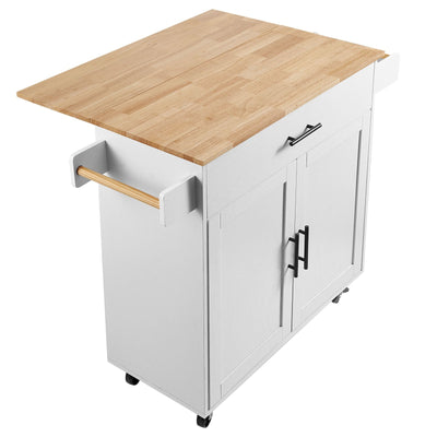 VEVOR Kitchen Island Cart with Solid Wood Top, 35.4" Width Mobile Carts with Storage Cabinet, Rolling Kitchen Table with Spice Rack, Towel Rack, Drop Leaf and Drawer, Portable Islands on Wheels, White 