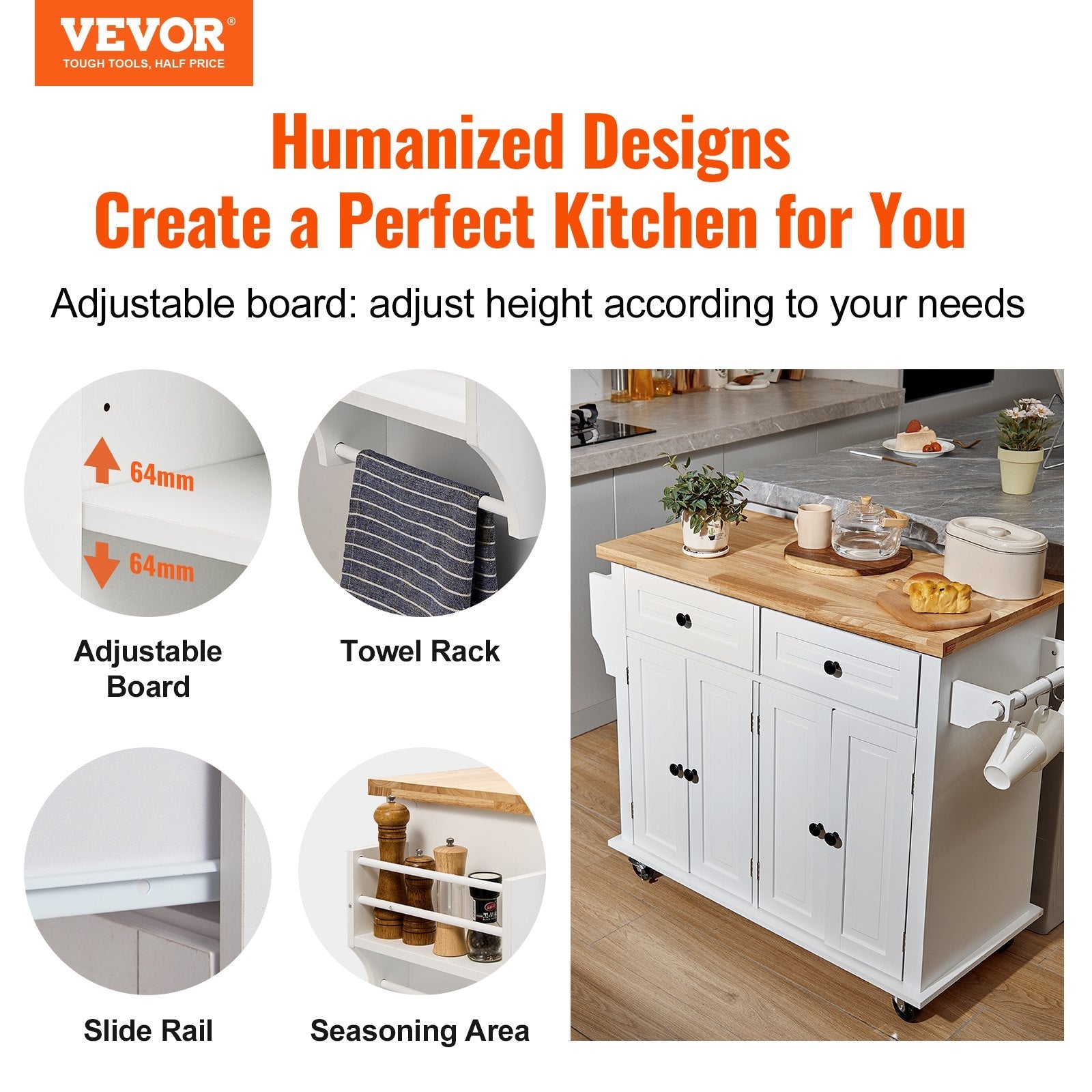 VEVOR Kitchen Island Cart with Solid Wood Top, 35.4" Width Mobile Carts with Storage Cabinet, Rolling Kitchen Table with Spice Rack, Towel Rack, and Drawer, Portable Islands on Wheels, White 
