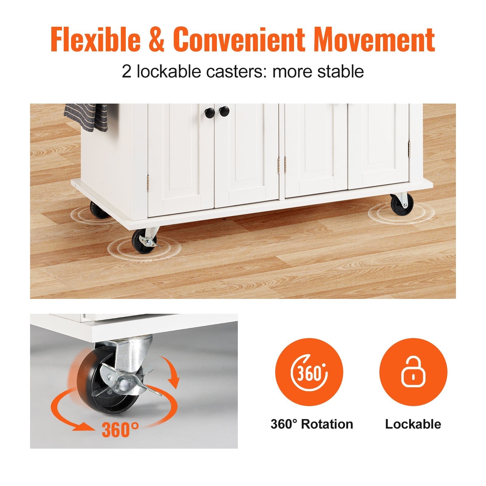 VEVOR Kitchen Island Cart with Solid Wood Top, 35.4" Width Mobile Carts with Storage Cabinet, Rolling Kitchen Table with Spice Rack, Towel Rack, and Drawer, Portable Islands on Wheels, White 