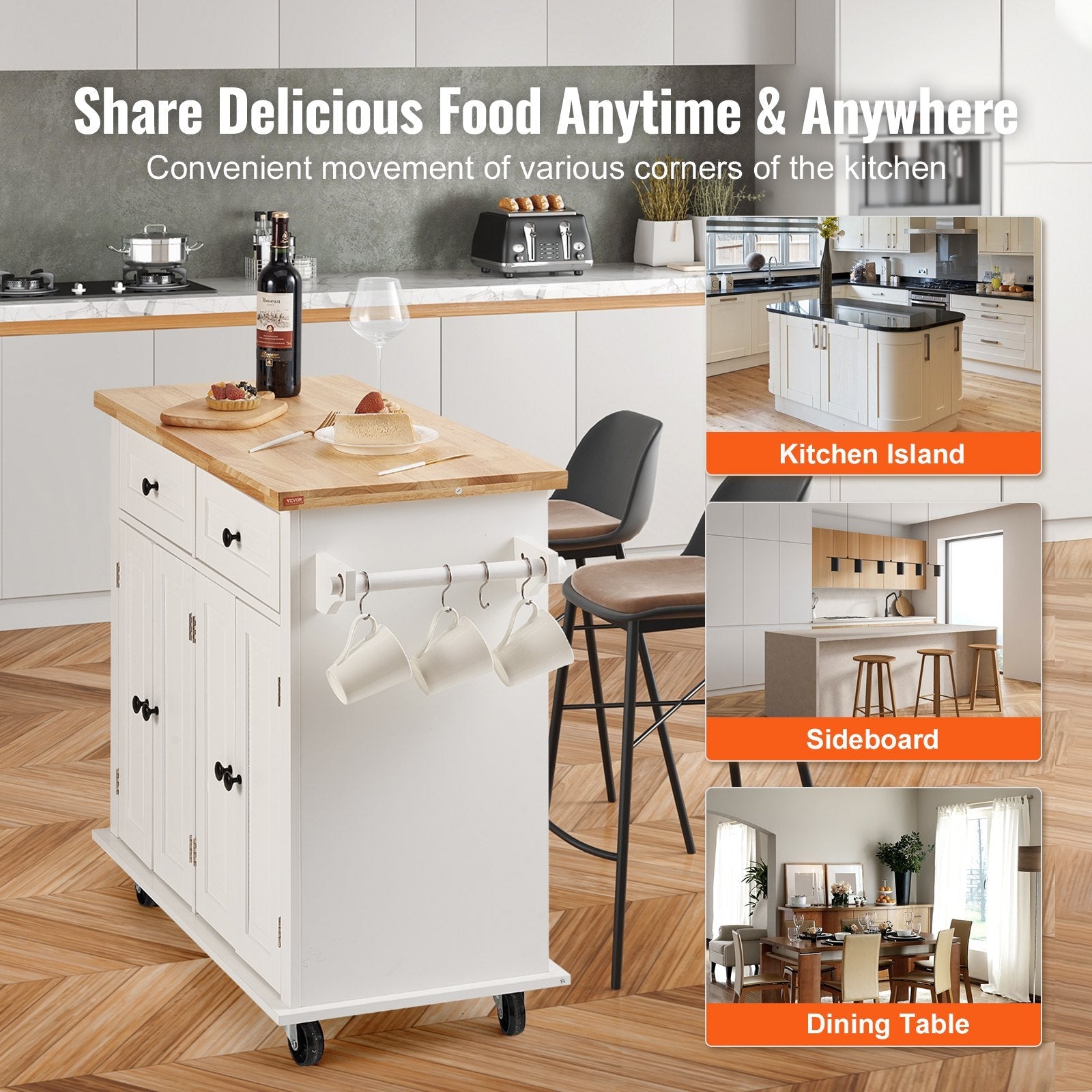VEVOR Kitchen Island Cart with Solid Wood Top, 35.4" Width Mobile Carts with Storage Cabinet, Rolling Kitchen Table with Spice Rack, Towel Rack, and Drawer, Portable Islands on Wheels, White 