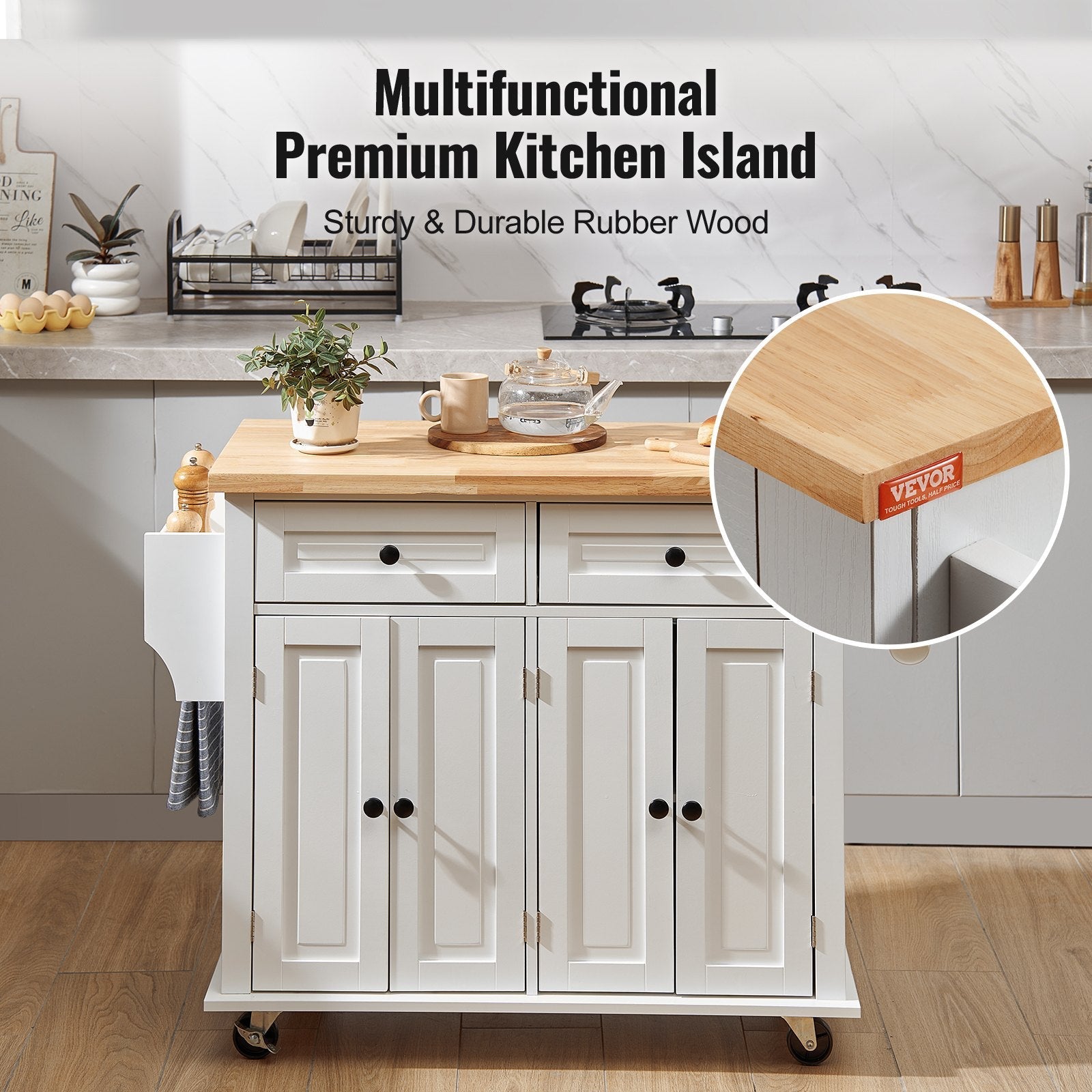 VEVOR Kitchen Island Cart with Solid Wood Top, 35.4" Width Mobile Carts with Storage Cabinet, Rolling Kitchen Table with Spice Rack, Towel Rack, and Drawer, Portable Islands on Wheels, White 