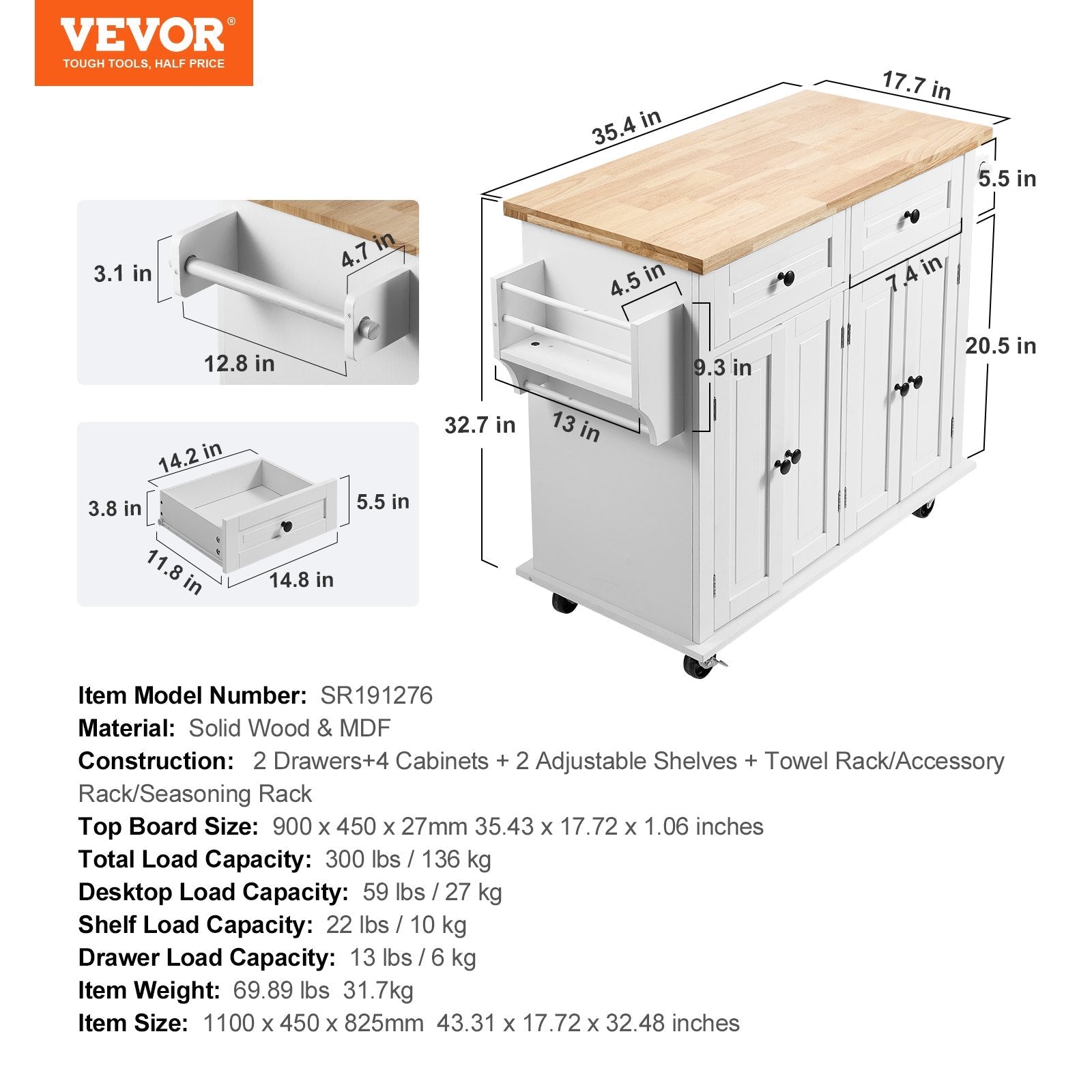 VEVOR Kitchen Island Cart with Solid Wood Top, 35.4" Width Mobile Carts with Storage Cabinet, Rolling Kitchen Table with Spice Rack, Towel Rack, and Drawer, Portable Islands on Wheels, White 