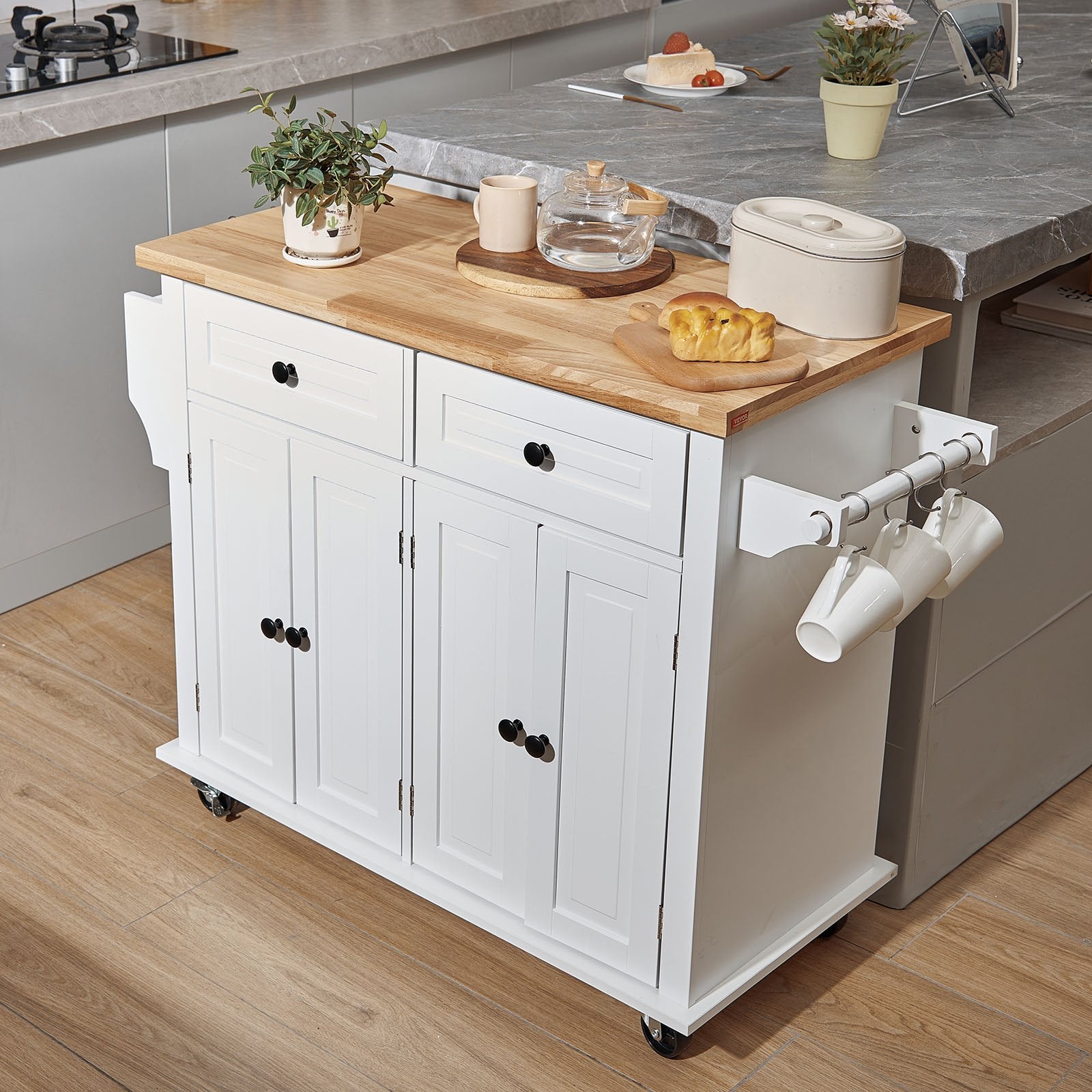 VEVOR Kitchen Island Cart with Solid Wood Top, 35.4" Width Mobile Carts with Storage Cabinet, Rolling Kitchen Table with Spice Rack, Towel Rack, and Drawer, Portable Islands on Wheels, White 