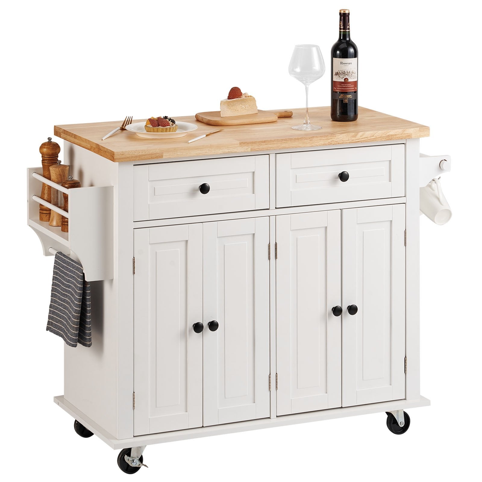 VEVOR Kitchen Island Cart with Solid Wood Top, 35.4" Width Mobile Carts with Storage Cabinet, Rolling Kitchen Table with Spice Rack, Towel Rack, and Drawer, Portable Islands on Wheels, White 