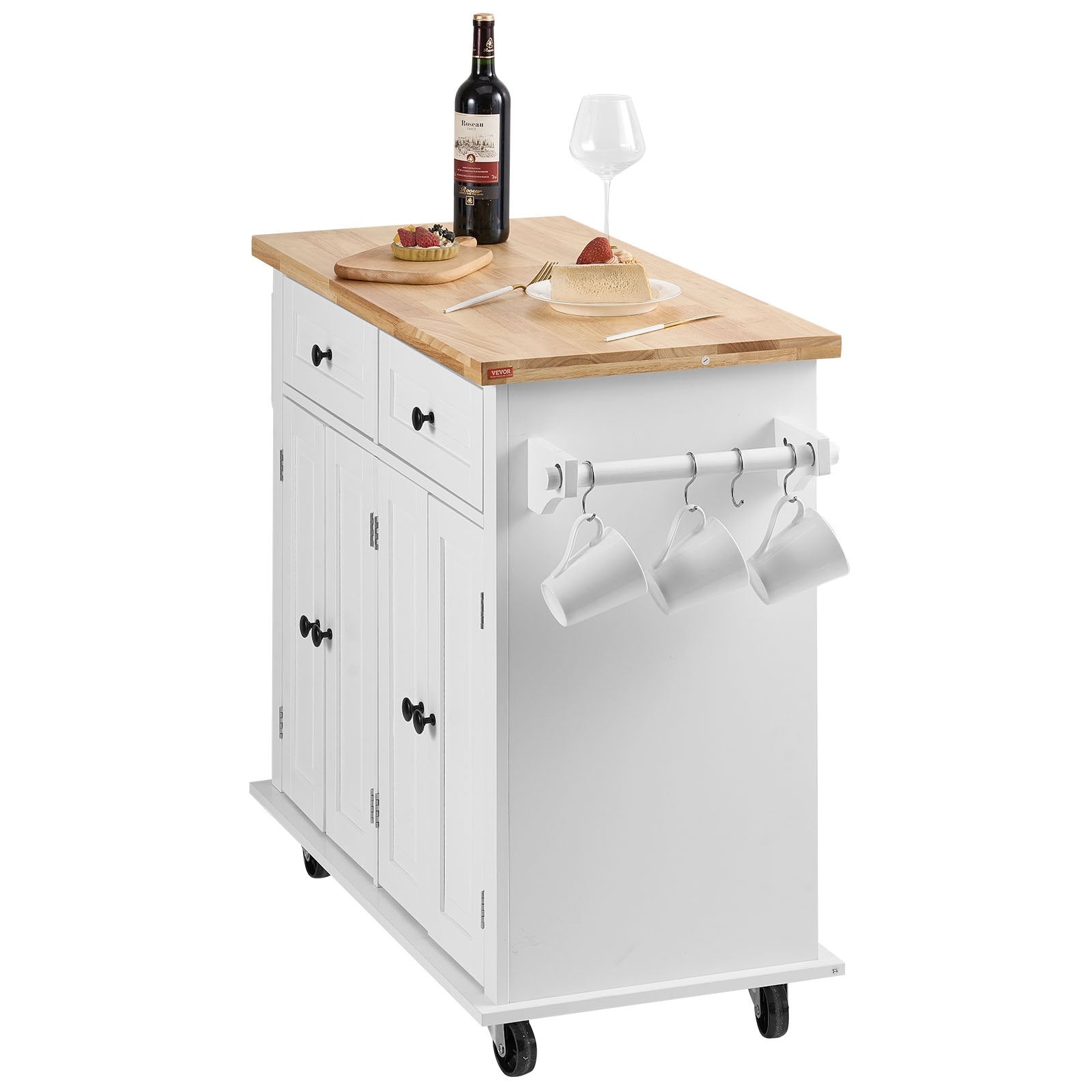 VEVOR Kitchen Island Cart with Solid Wood Top, 35.4" Width Mobile Carts with Storage Cabinet, Rolling Kitchen Table with Spice Rack, Towel Rack, and Drawer, Portable Islands on Wheels, White 