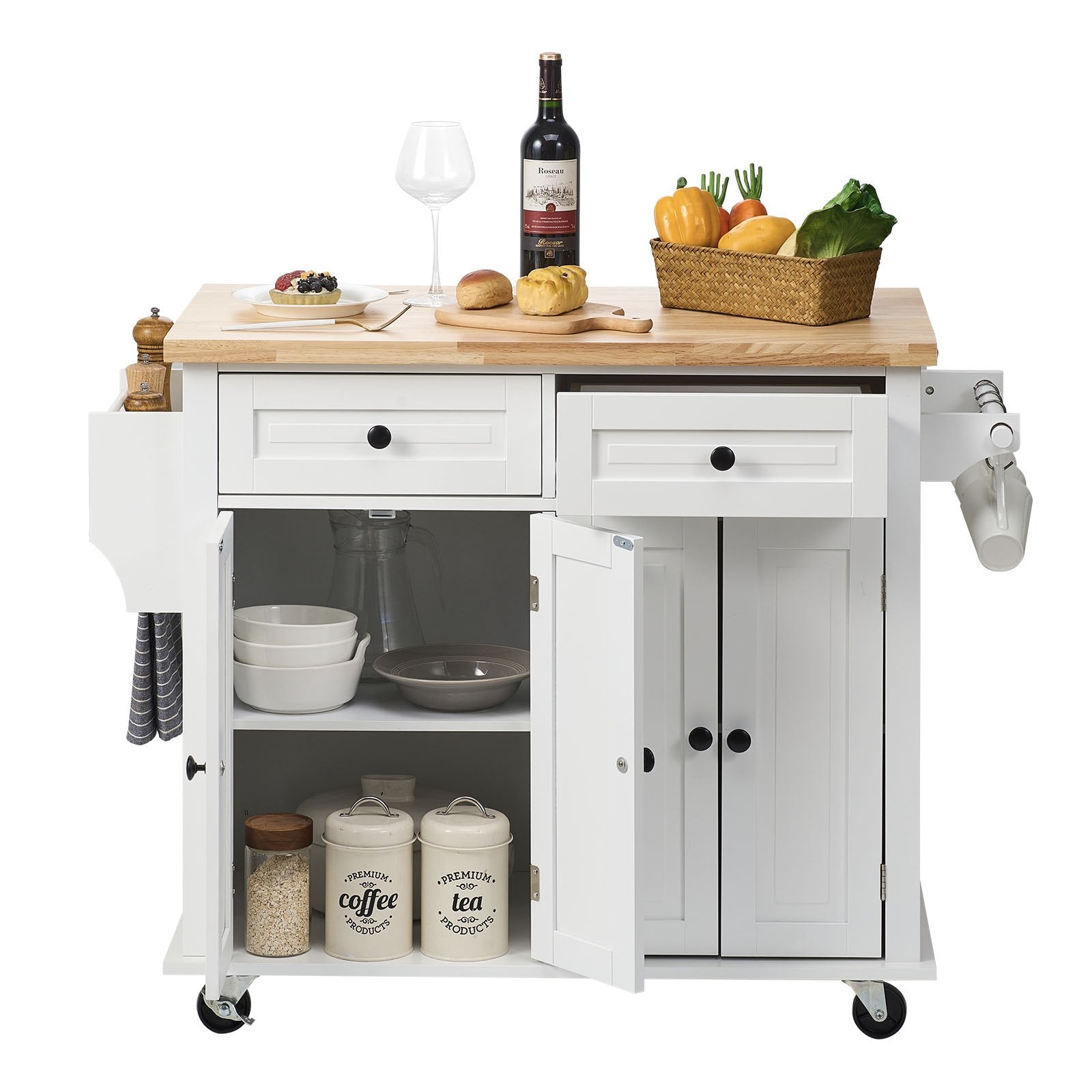 VEVOR Kitchen Island Cart with Solid Wood Top, 35.4" Width Mobile Carts with Storage Cabinet, Rolling Kitchen Table with Spice Rack, Towel Rack, and Drawer, Portable Islands on Wheels, White 