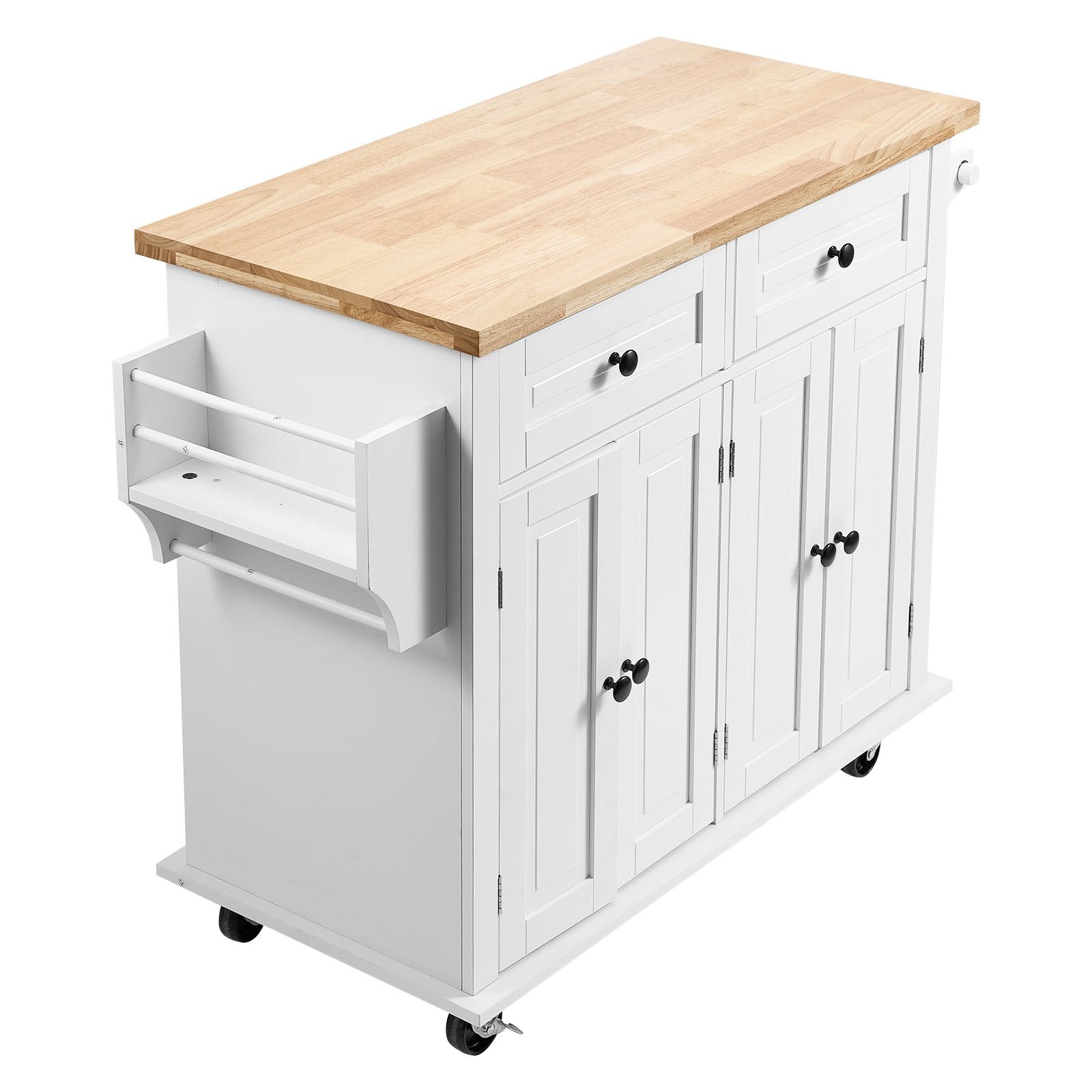 VEVOR Kitchen Island Cart with Solid Wood Top, 35.4" Width Mobile Carts with Storage Cabinet, Rolling Kitchen Table with Spice Rack, Towel Rack, and Drawer, Portable Islands on Wheels, White 