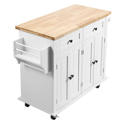 VEVOR Kitchen Island Cart with Solid Wood Top, 35.4" Width Mobile Carts with Storage Cabinet, Rolling Kitchen Table with Spice Rack, Towel Rack, and Drawer, Portable Islands on Wheels, White 
