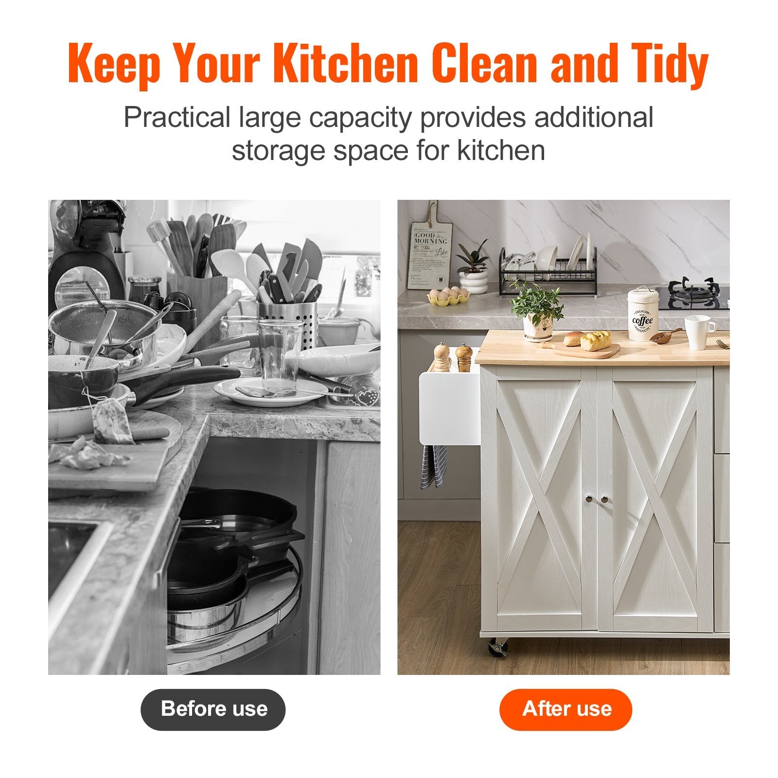 VEVOR Kitchen Island Cart with Solid Wood Top, 45.3" Width Mobile Carts with Storage Cabinet, Rolling Kitchen Table with Spice Rack, Towel Rack, Drop Leaf and Drawer, Portable Islands on Wheels, White 