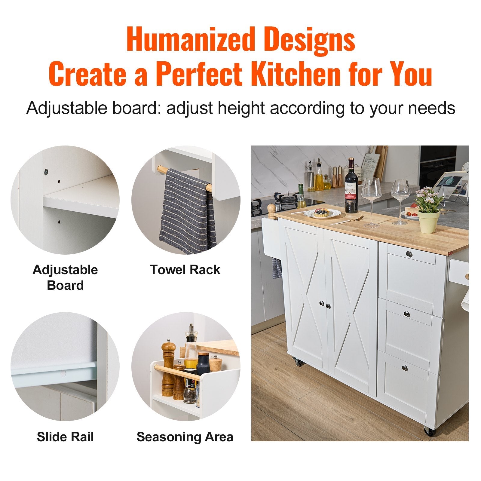 VEVOR Kitchen Island Cart with Solid Wood Top, 45.3" Width Mobile Carts with Storage Cabinet, Rolling Kitchen Table with Spice Rack, Towel Rack, Drop Leaf and Drawer, Portable Islands on Wheels, White 